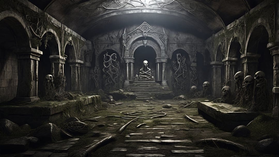 Skeletons and skulls rest in a stone vaulted crypt with an ornate sarcophagus and weathered gothic stone arches.