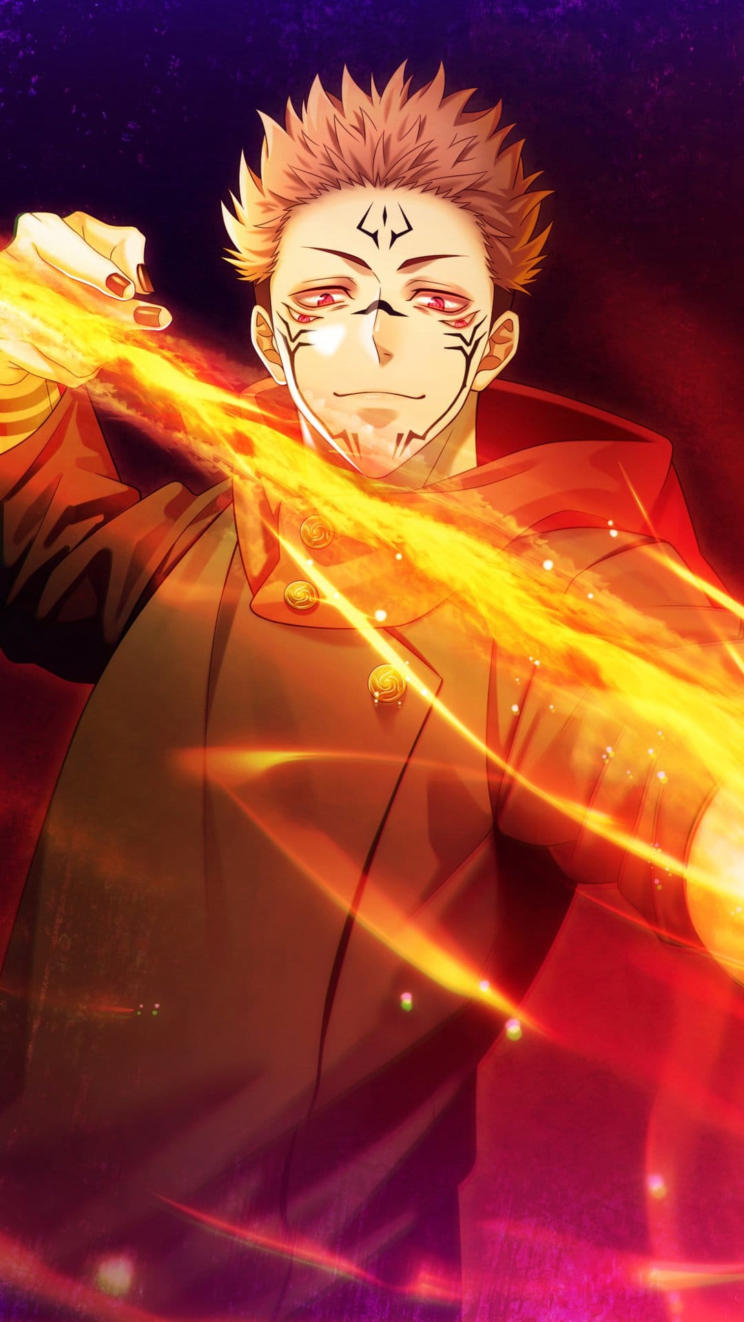Ryomen Sukuna with glowing red eyes and facial tattoos stands before a backdrop of orange flames and yellow energy.