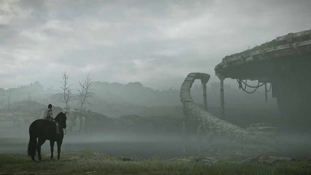 Lone rider on a black horse overlooks a misty lake with ancient stone ruins, heavy chains, and fog-covered hills.