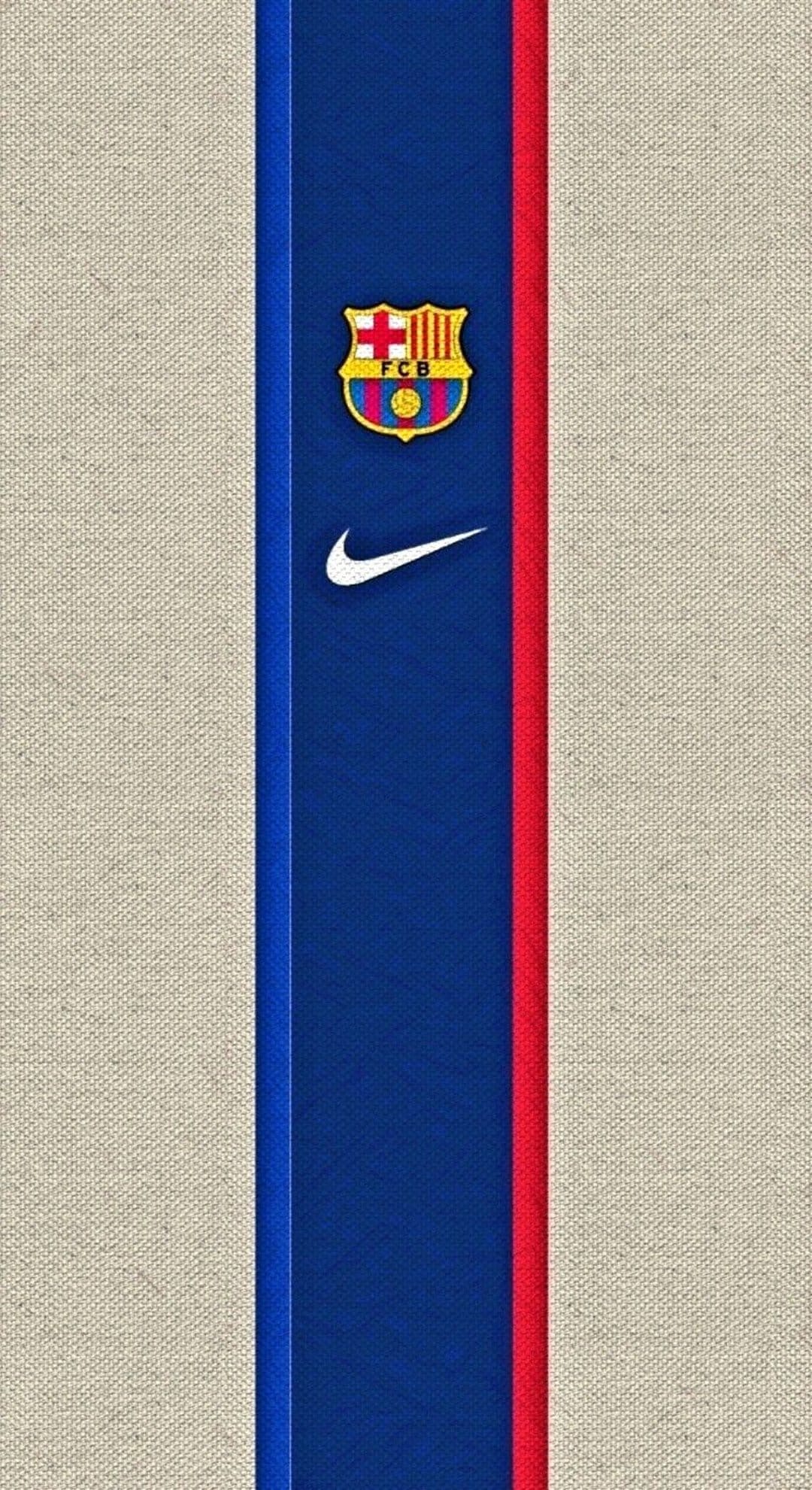 FC Barcelona crest and white Nike swoosh centered between red and blue stripes on a textured beige surface.