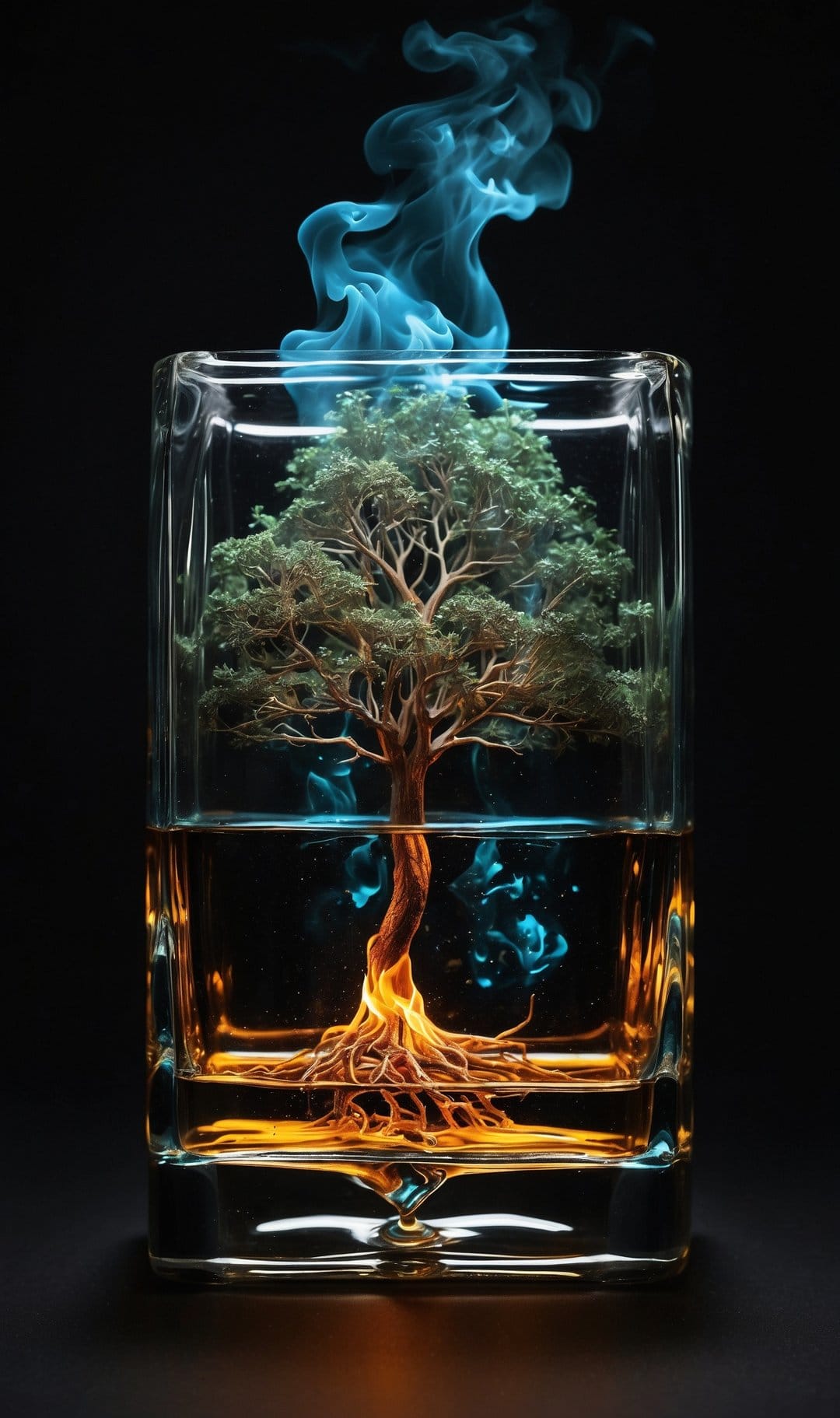 Miniature tree inside a glass tumbler glows with orange roots and blue smoke against a dark black background.