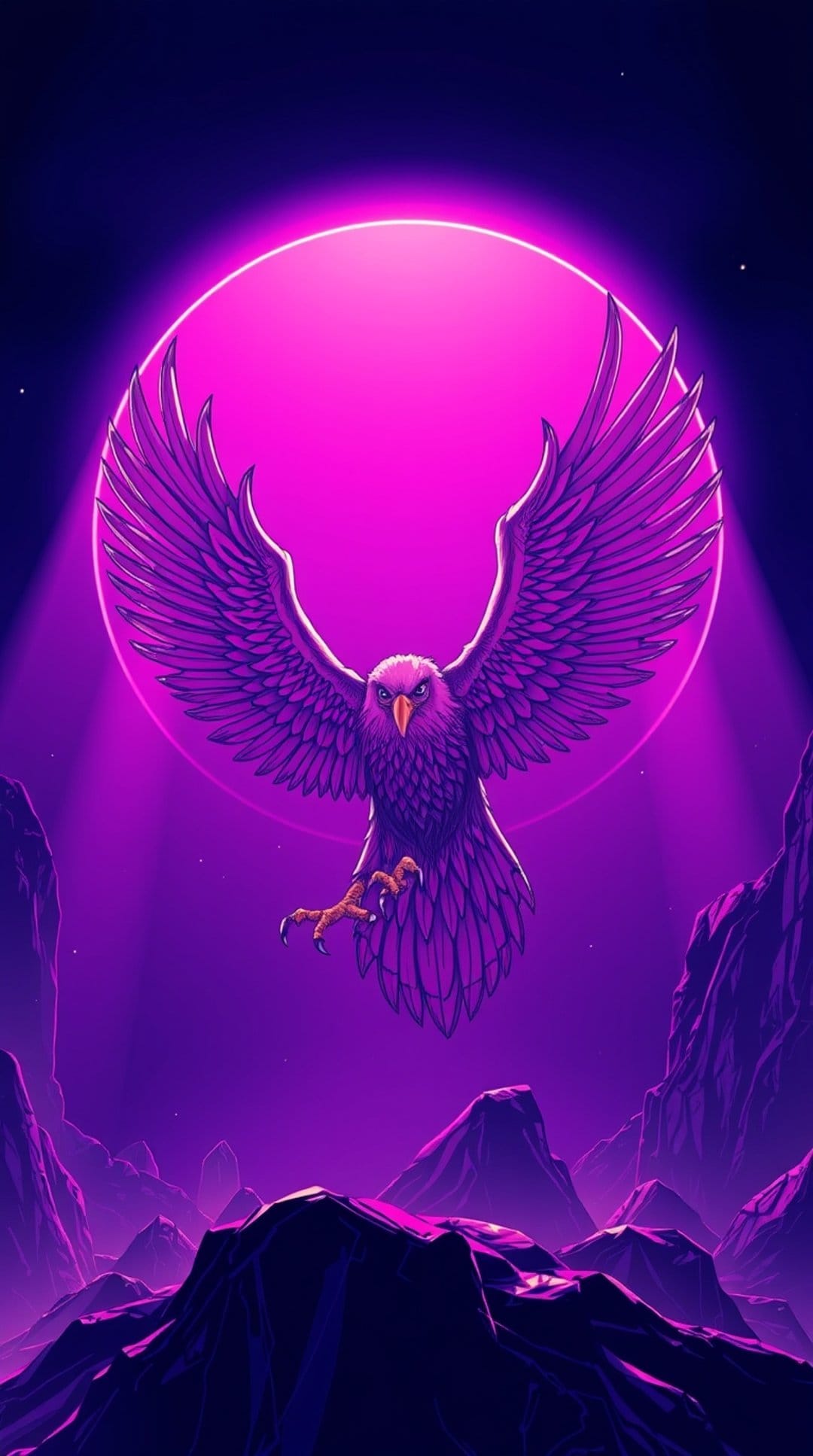 Purple eagle with wide wings flying toward a massive glowing pink moon above jagged mountain silhouettes.
