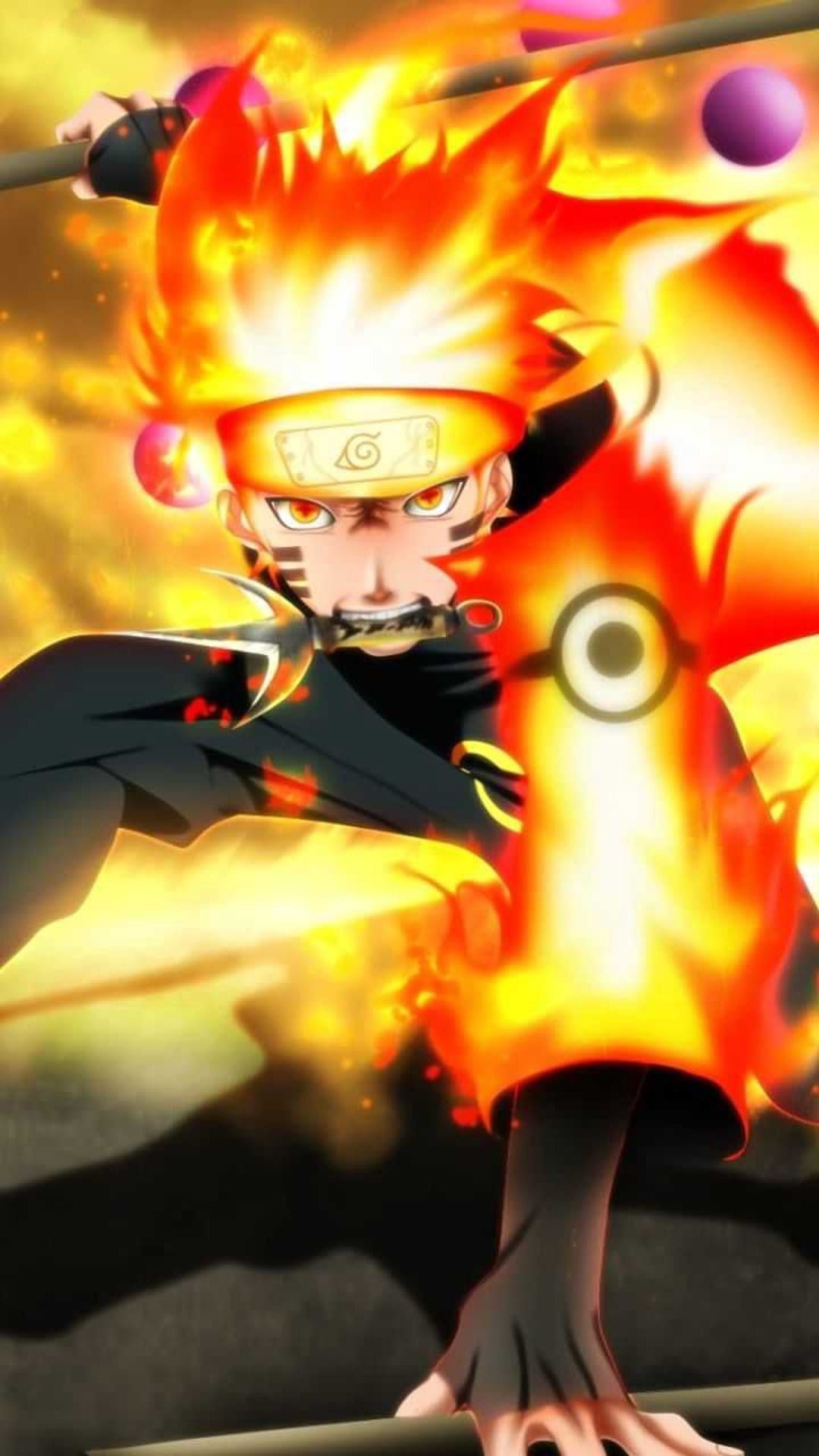 Naruto Uzumaki wearing a glowing yellow chakra shroud with fiery energy swirling around his whiskered face.