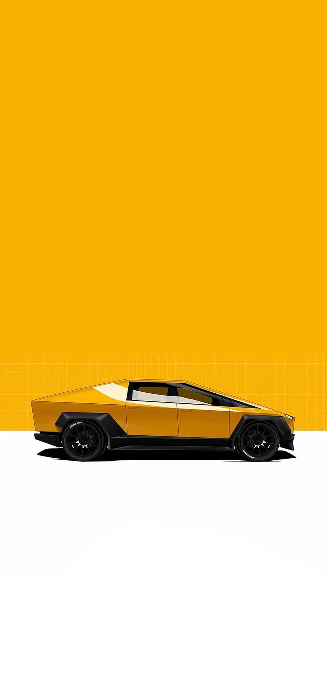 Yellow futuristic truck with angular black wheel arches and dark windows against a yellow grid backdrop.