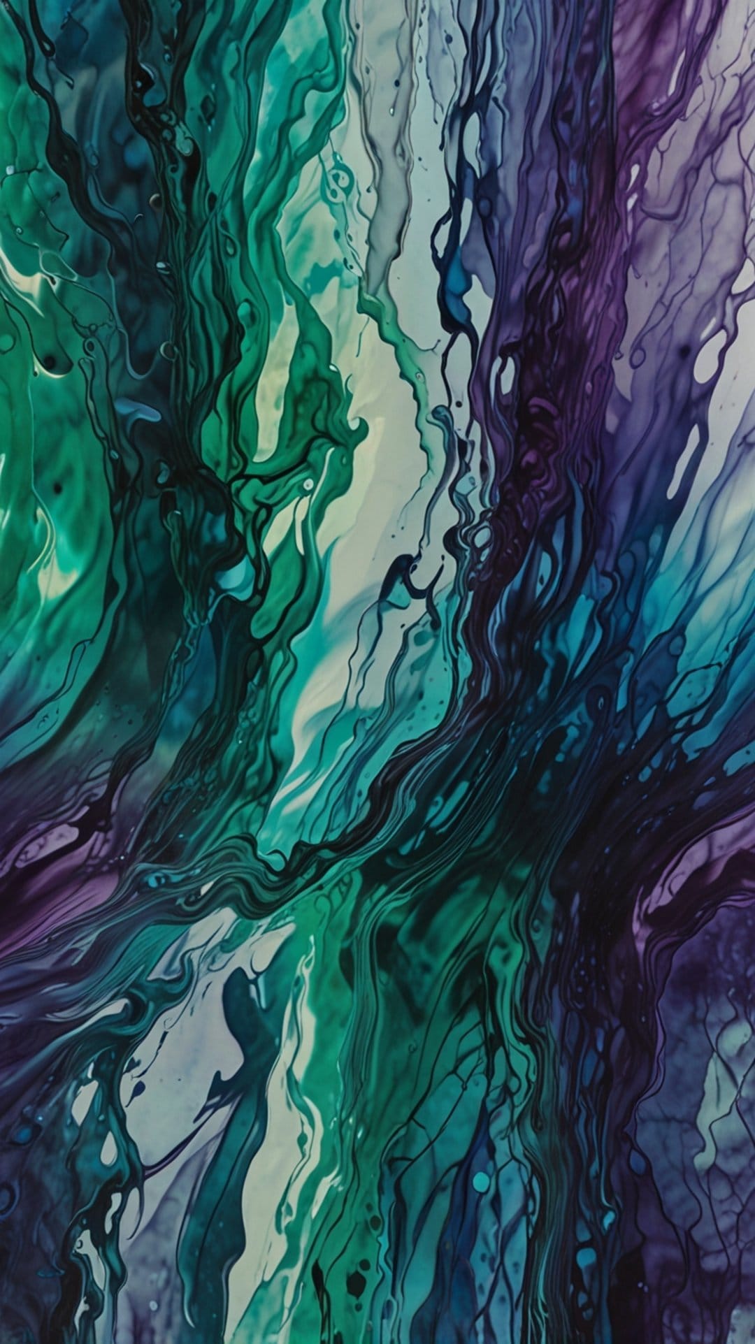 Swirling emerald green and deep purple liquid paint patterns flow together in a marbled abstract composition.