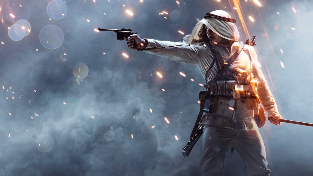 Desert warrior in white robes aims a pistol amidst blue smoke and orange sparks on a cinematic battlefield.