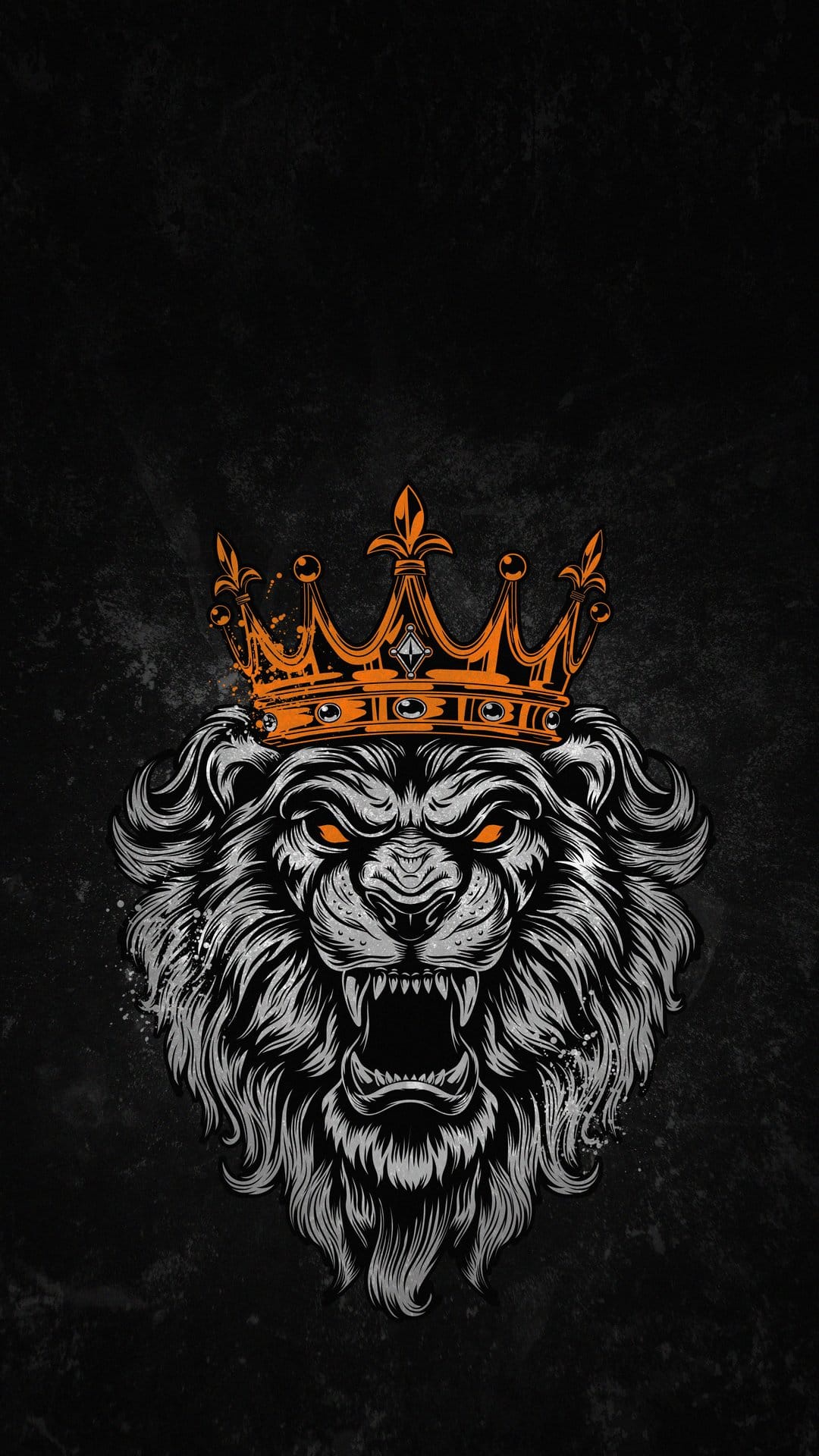 Lion with a wide-open mouth and sharp teeth wears a glowing orange crown against a solid black background.