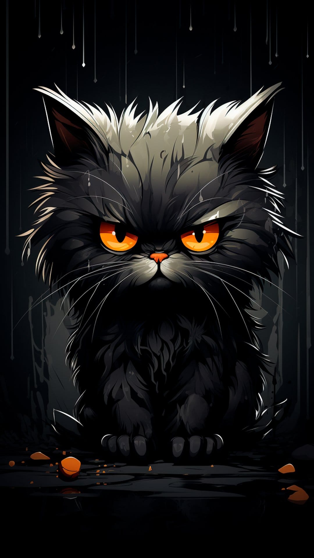 Black cat with glowing orange eyes sits in the heavy rain, featuring wet matted fur and a dark, moody background.