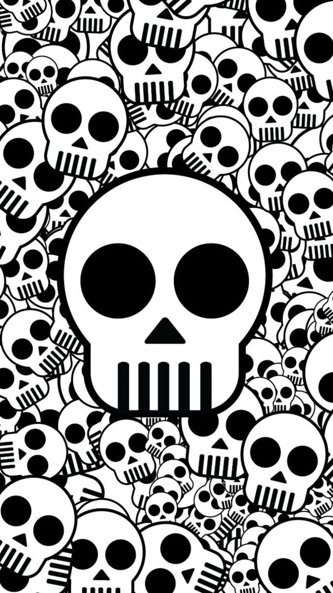 Various human skulls in different sizes and angles form a dense, high-contrast black and white collage pattern.