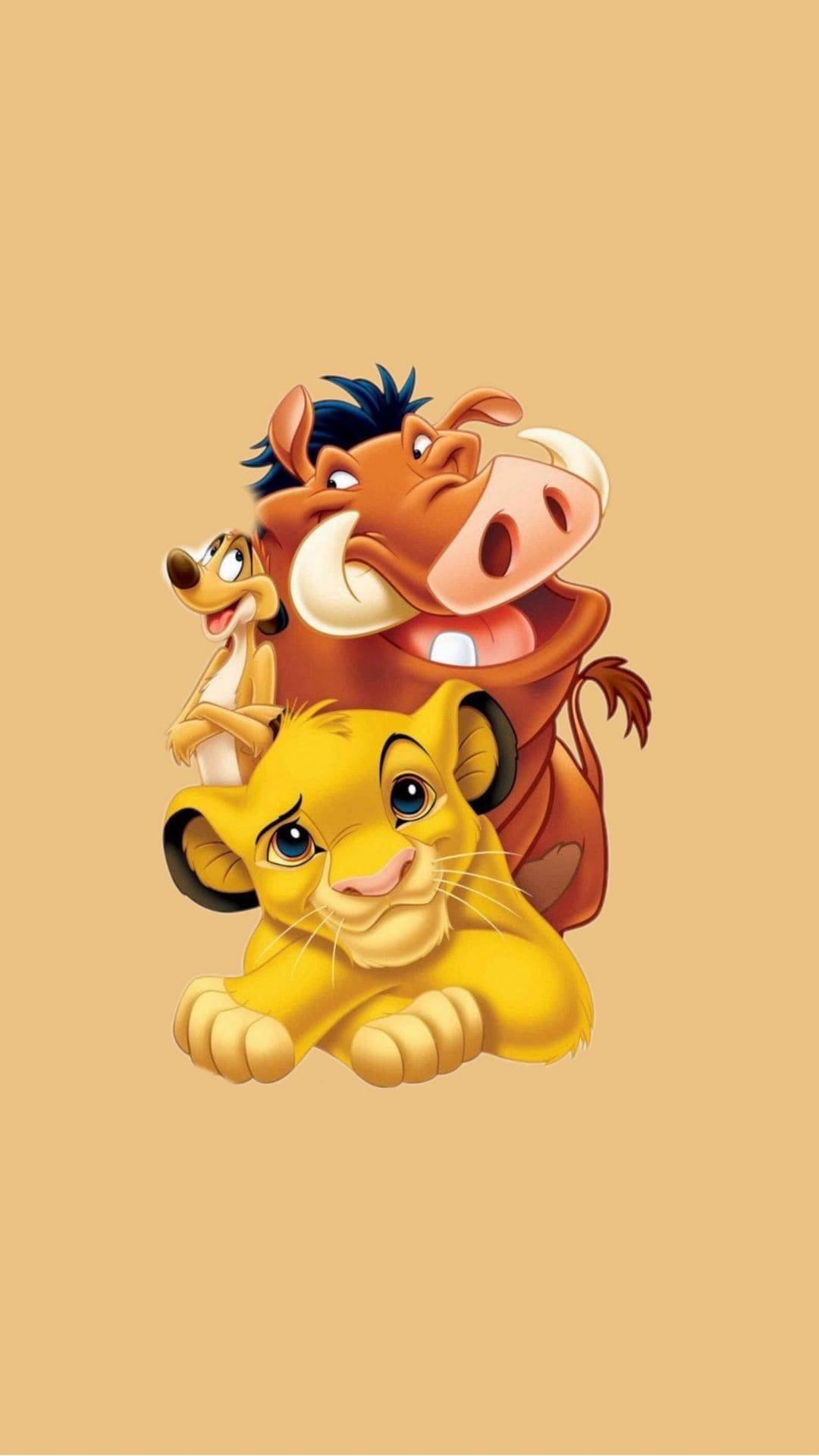 Simba, Timon, and Pumbaa walk across a log in a dense green jungle with vibrant foliage and warm lighting.