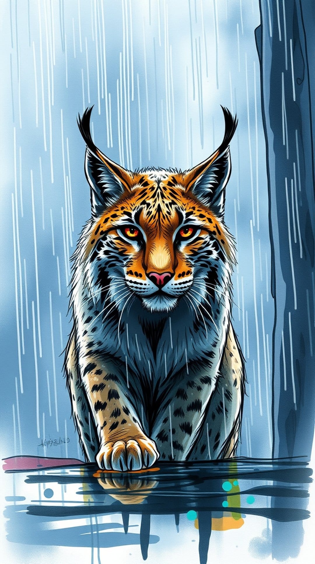 Spotted lynx with tufted ears sits stoically while heavy raindrops fall against a dark, moody forest backdrop.