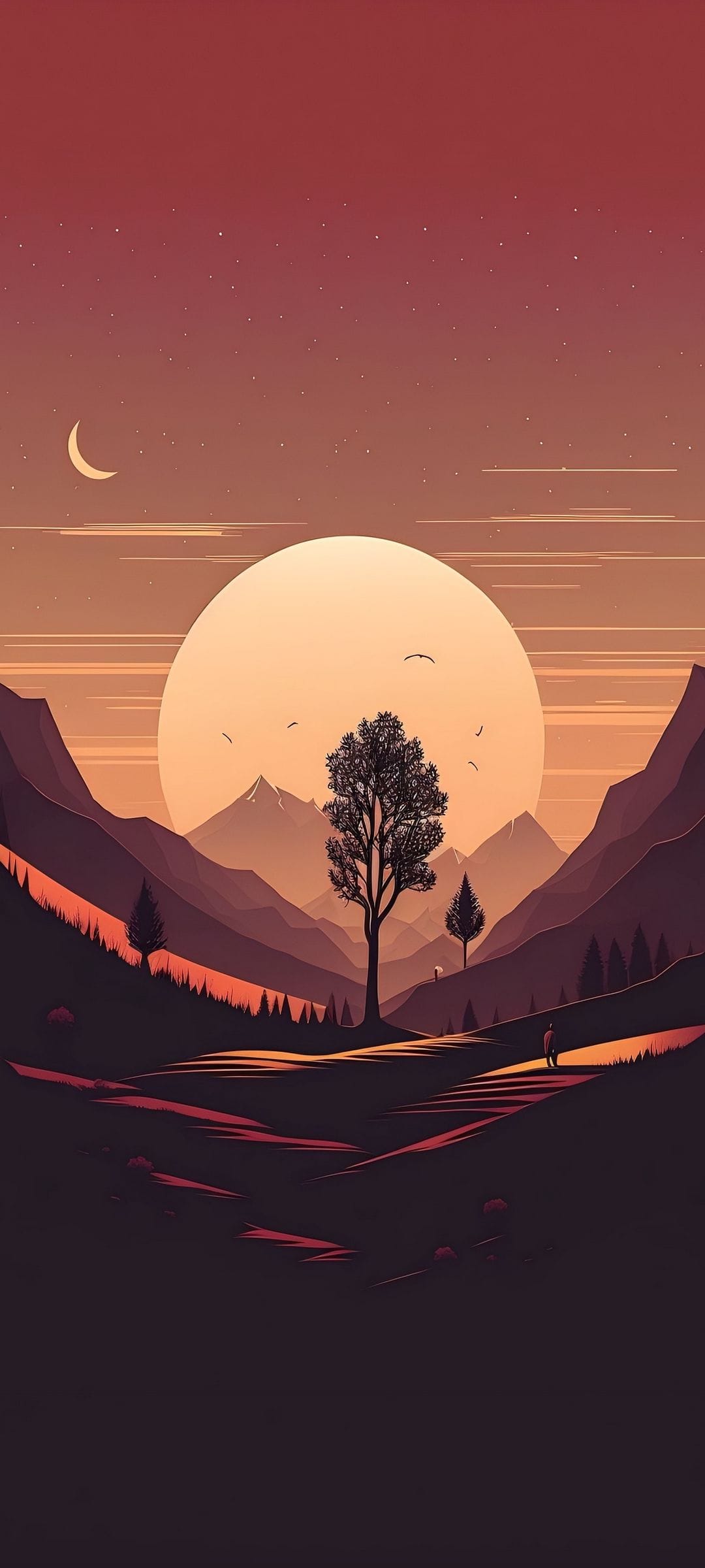 A lone person walks a path toward a massive sun behind mountain silhouettes under a crescent moon and stars.