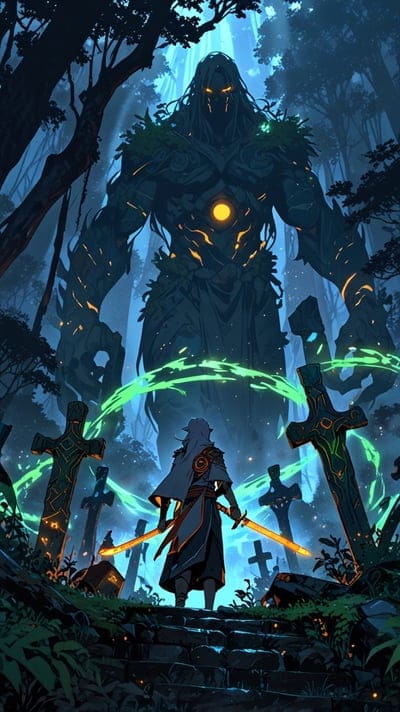 Mossy stone golem with a glowing green eye faces a warrior holding two swords in a dark mystical graveyard.