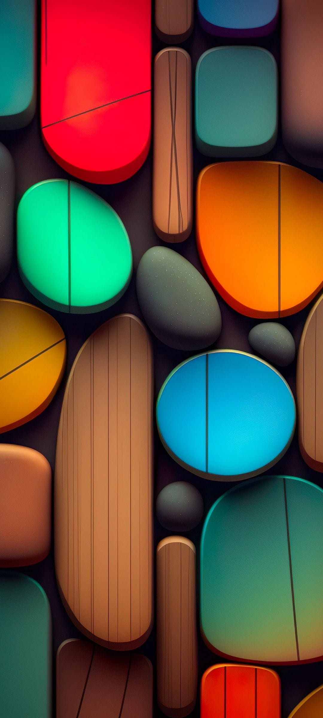 Interlocking rounded shapes in vibrant colors mixed with wood grain textures create a vertical mosaic pattern.