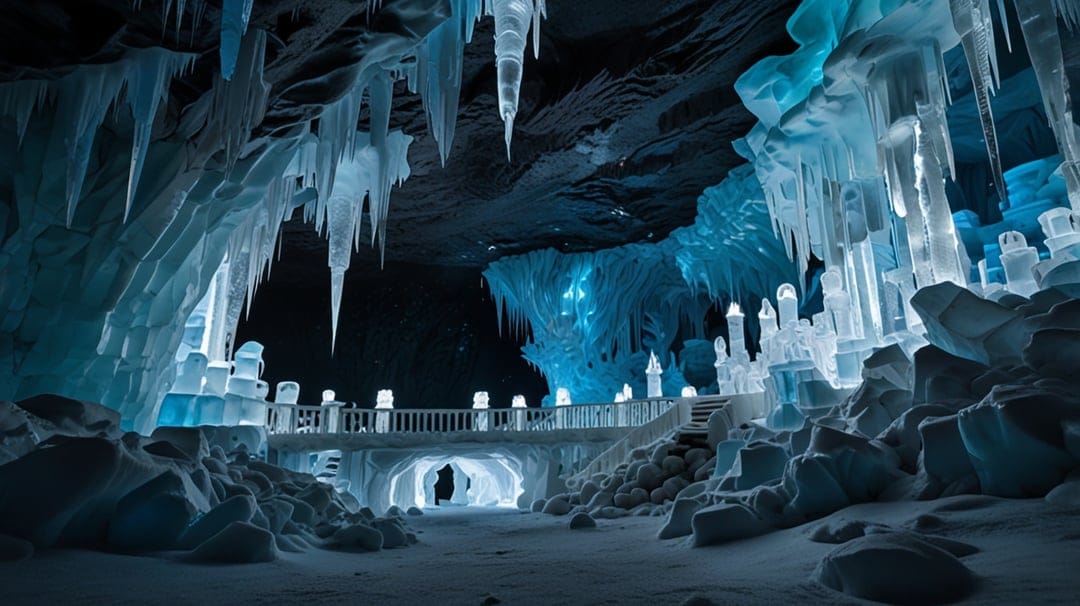 Translucent icicles hang from a glowing blue cavern ceiling above a narrow ice bridge with a distant silhouette.