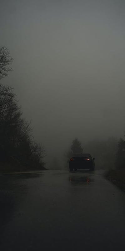 Foggy, Road, Car, Moody, Mysterious, Haze, Driving, Eerie, Dark, Atmospheric, Solitary, Travel, Wet Road, Limited Visibility, Gloomy, Isolated, Wilderness, Nature, Ambience, Grey