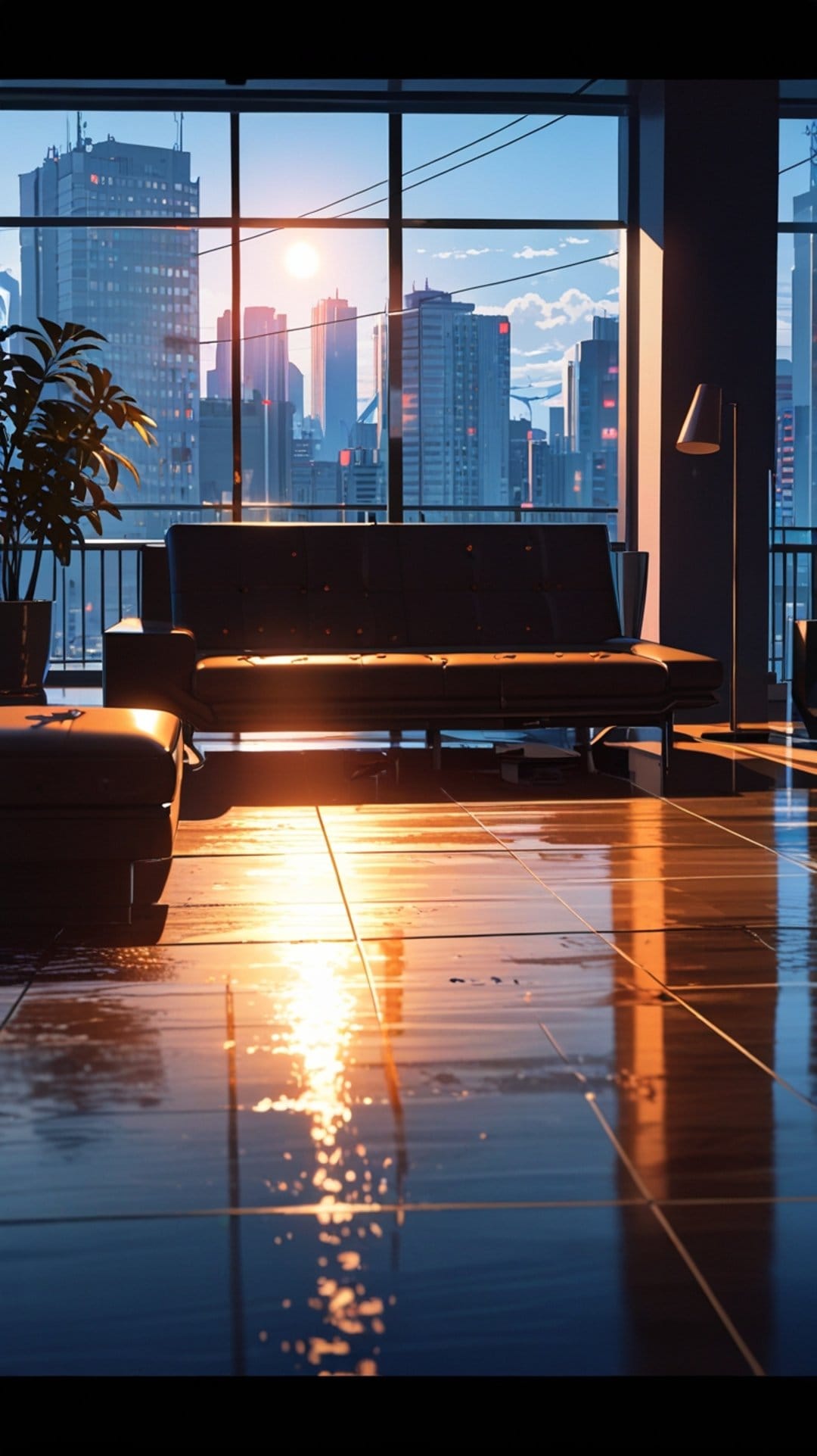 Leather sofa and ottoman on a reflective floor overlook a glowing sunset city skyline through large windows.