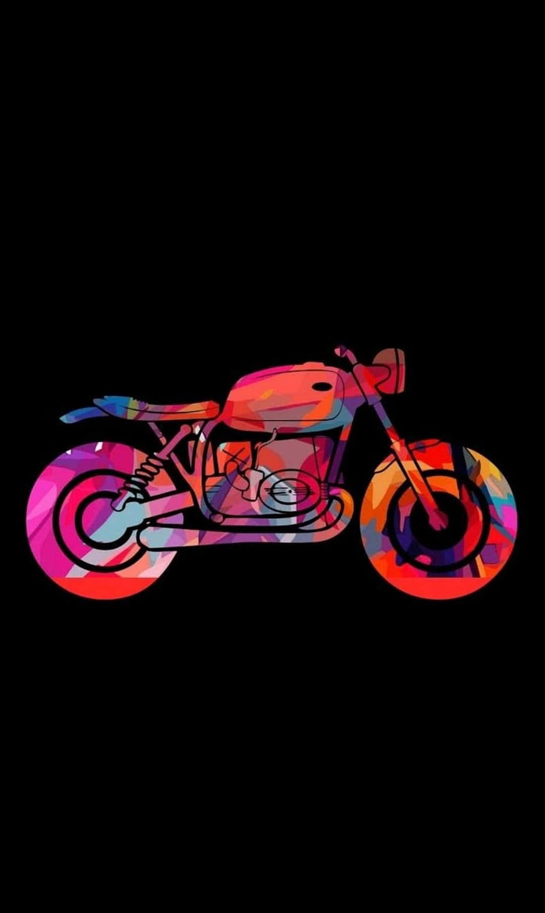 Motorcycle silhouette outlined by vibrant pink and blue geometric paint splashes on a dark black background.