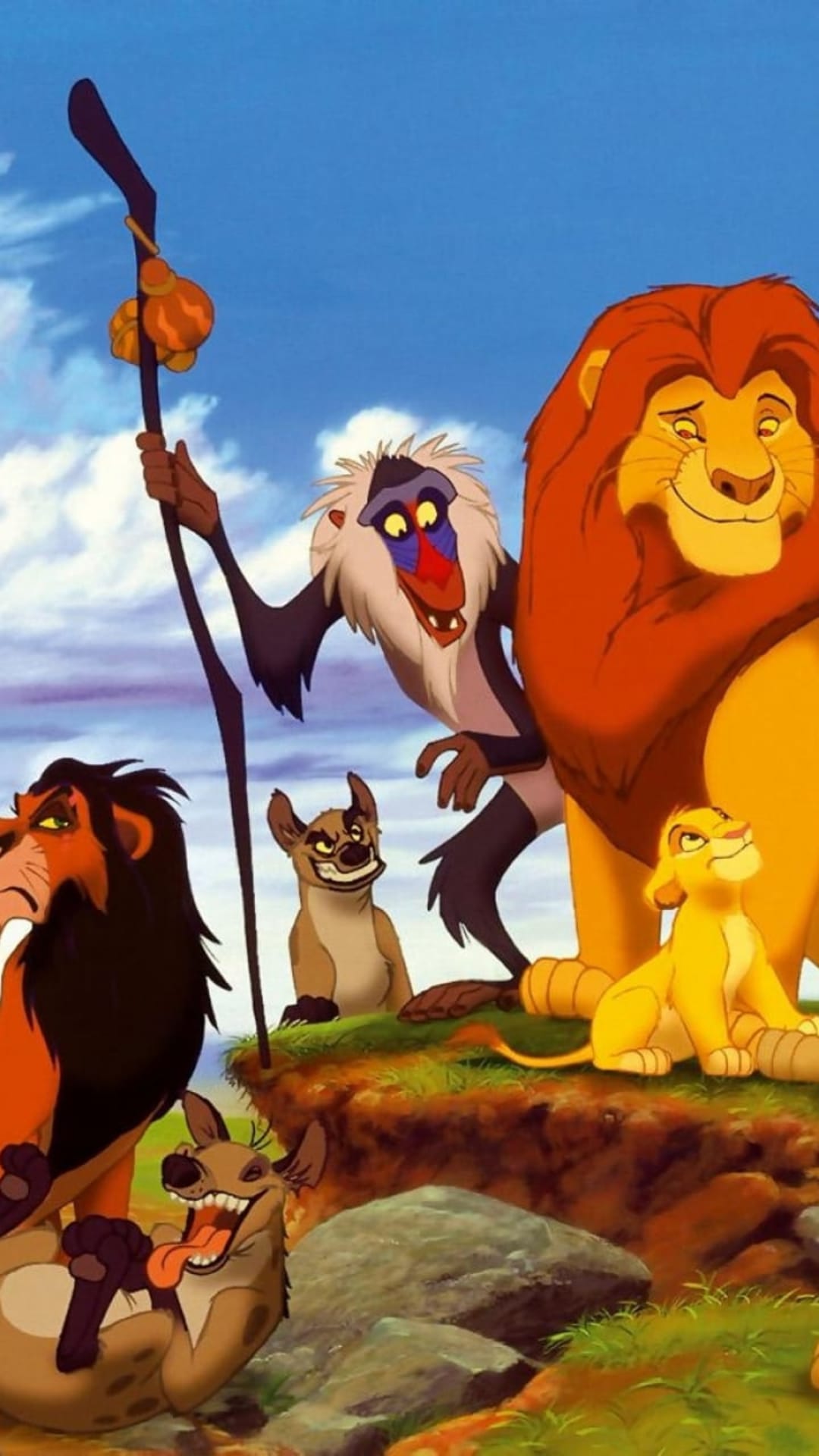 Mufasa and Simba stand prominently on Pride Rock alongside Rafiki, Scar, and hyenas under a clear blue sky.