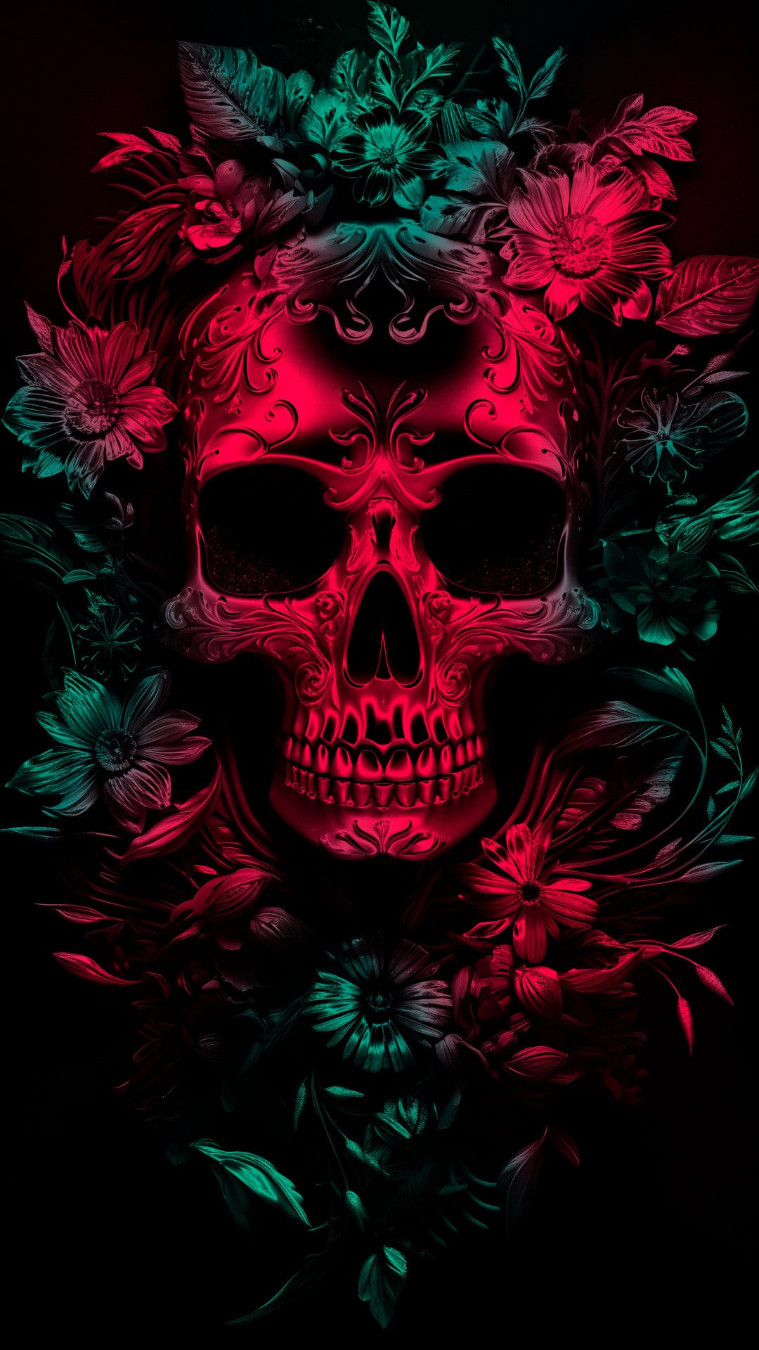 Ornate skull glowing with red and teal neon light, covered in detailed floral patterns and botanical vines.