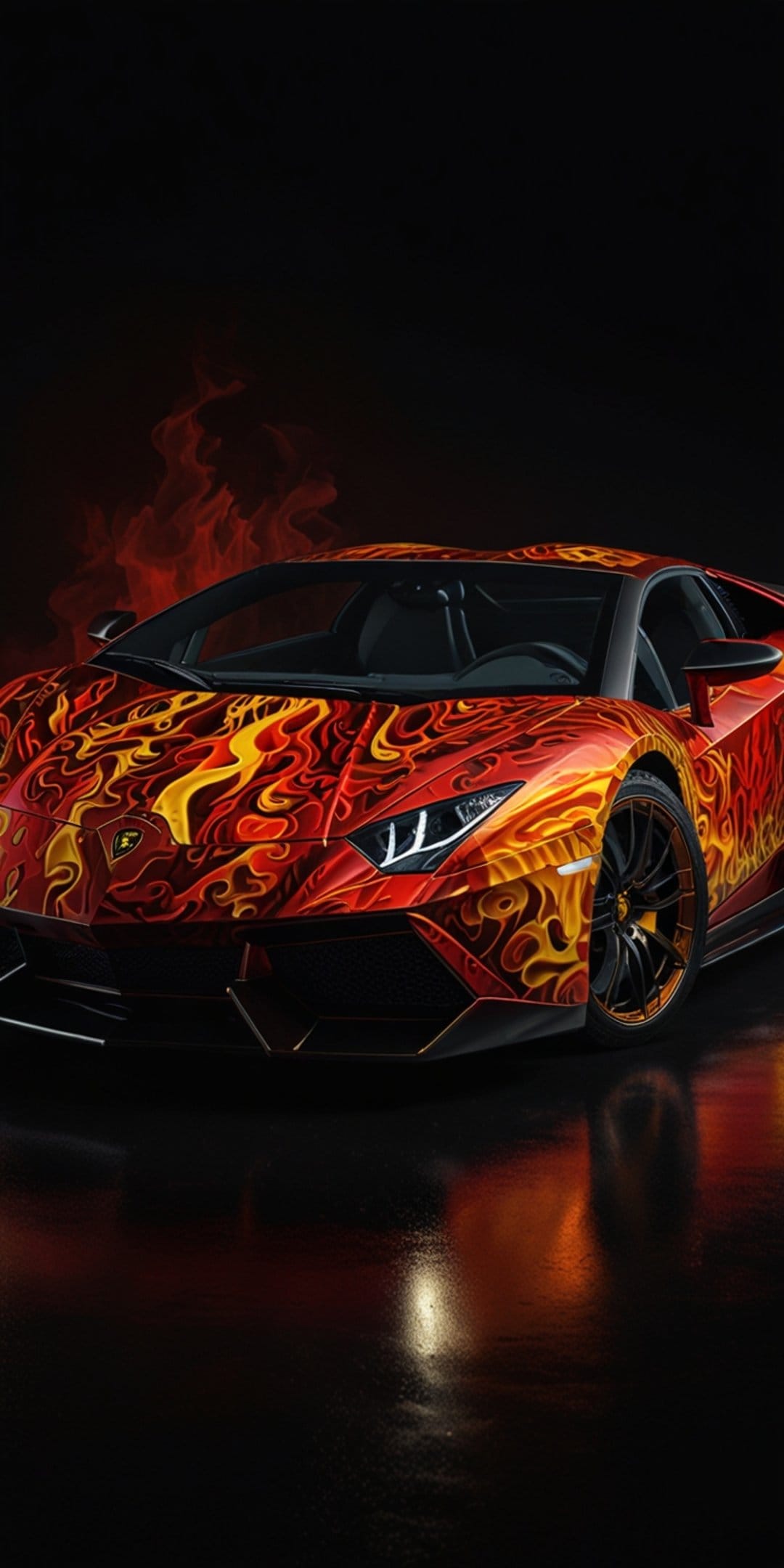 Lamborghini sports car featuring a red and orange flame livery parked against a dark, shadowy background.