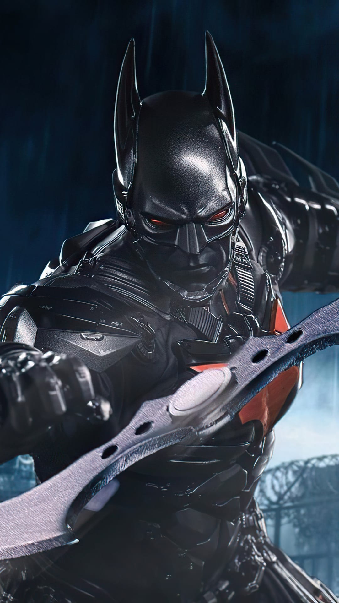 Batman wearing black tactical armor with glowing red eyes holding a futuristic sword in a rainy alley.