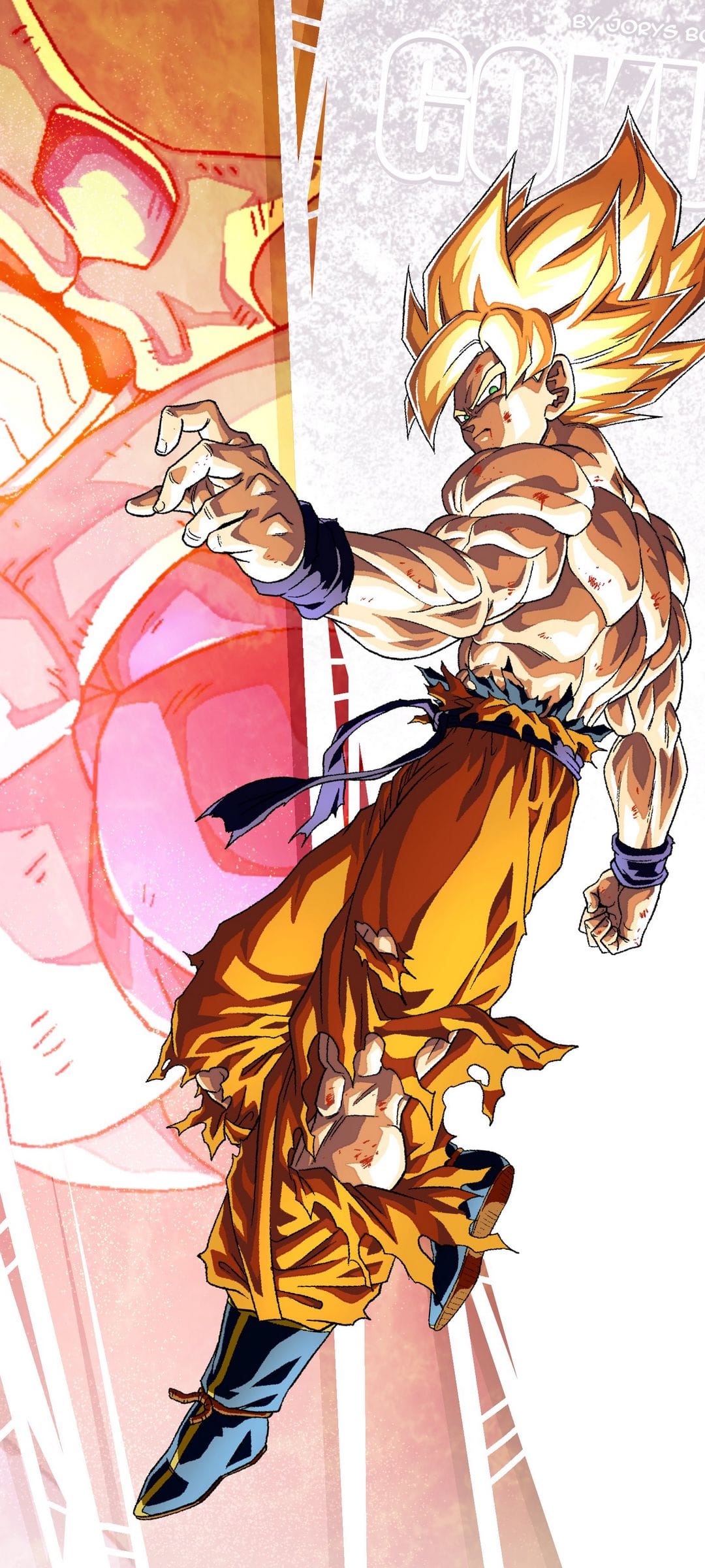 Goku stands with glowing golden hair and an orange gi, surrounded by swirling energy in a vertical composition.