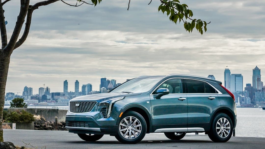 Blue Cadillac SUV parked on a waterfront with a distant city skyline under a cloudy sky and tree branches.