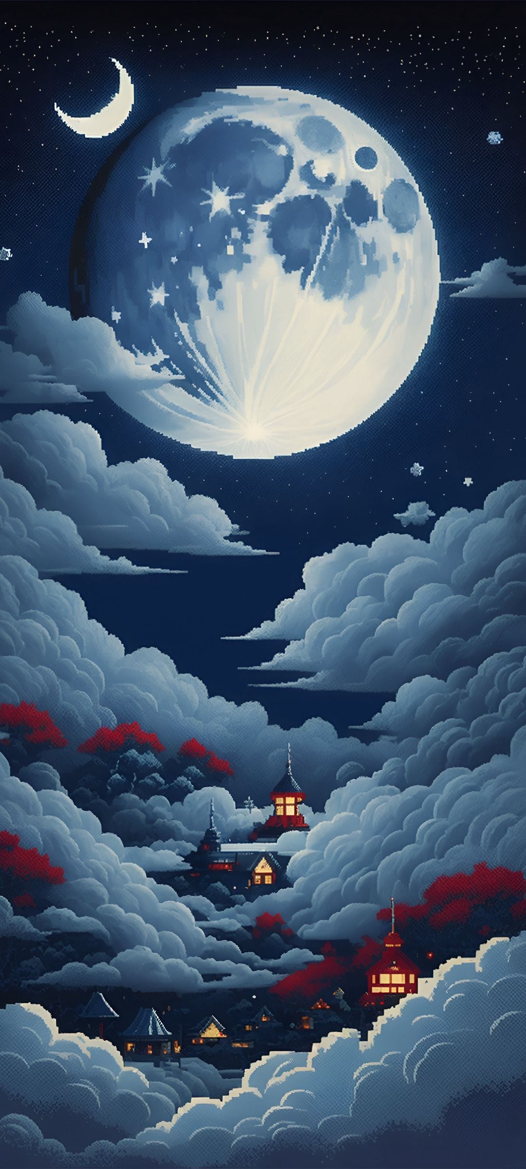 Floating pagodas with glowing windows sit among white clouds under a full moon and starry night sky.