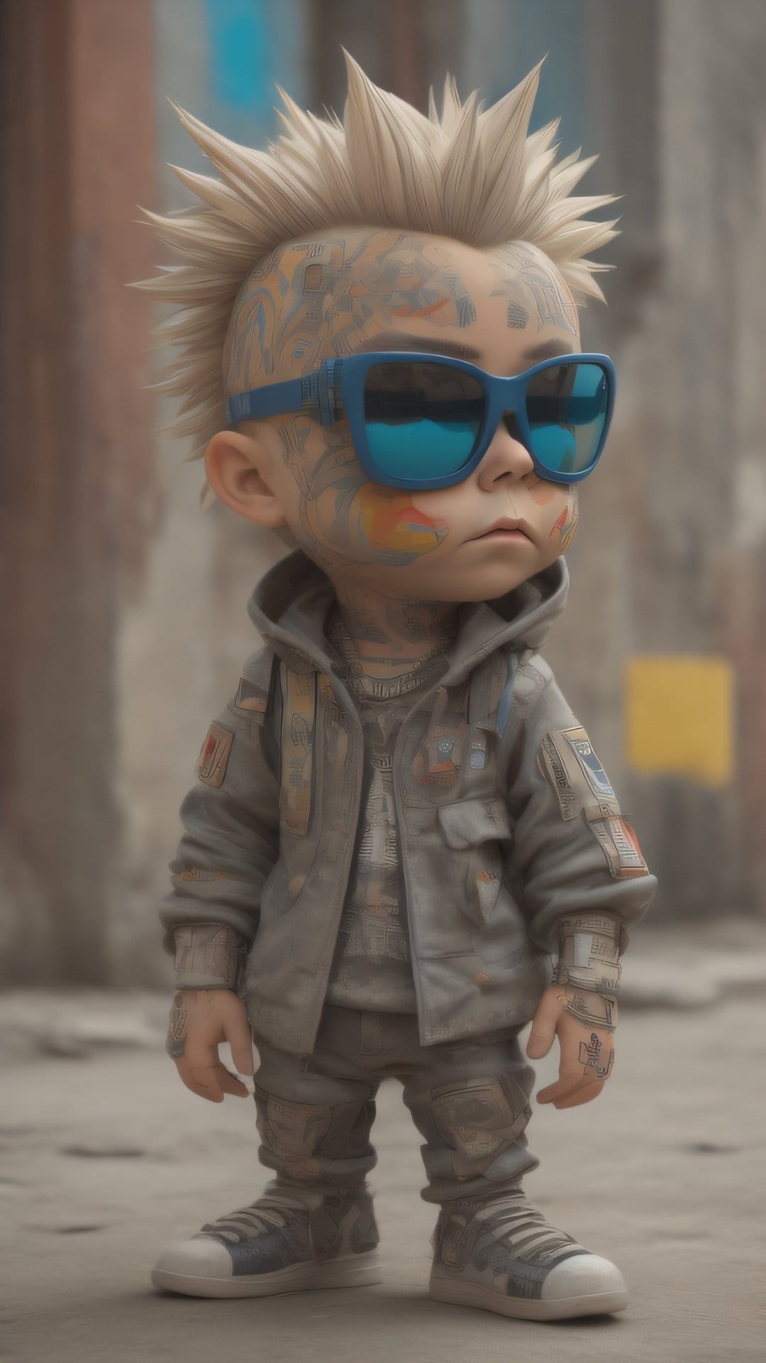 Tattooed boy with a mohawk and blue mirrored sunglasses wearing a patched gray hoodie in a gritty urban setting.