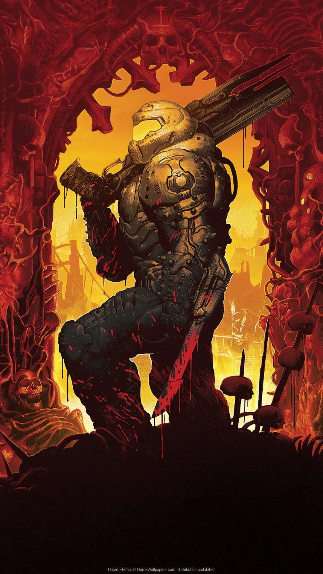 Doom Slayer in Praetor Suit holding a shotgun against an orange hell background framed by skulls and red flesh.