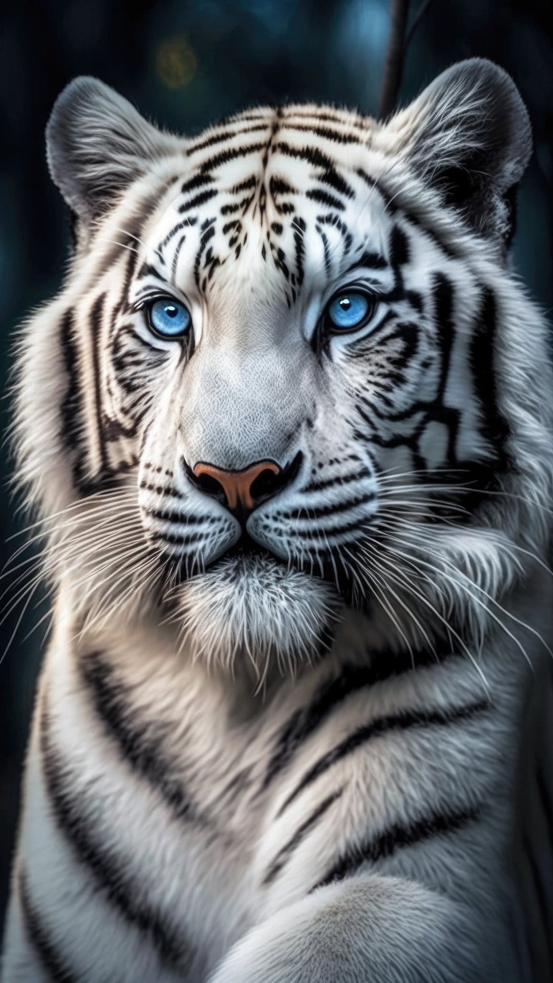 White tiger with luminescent blue eyes and black stripes stares forward against a blurred dark background.