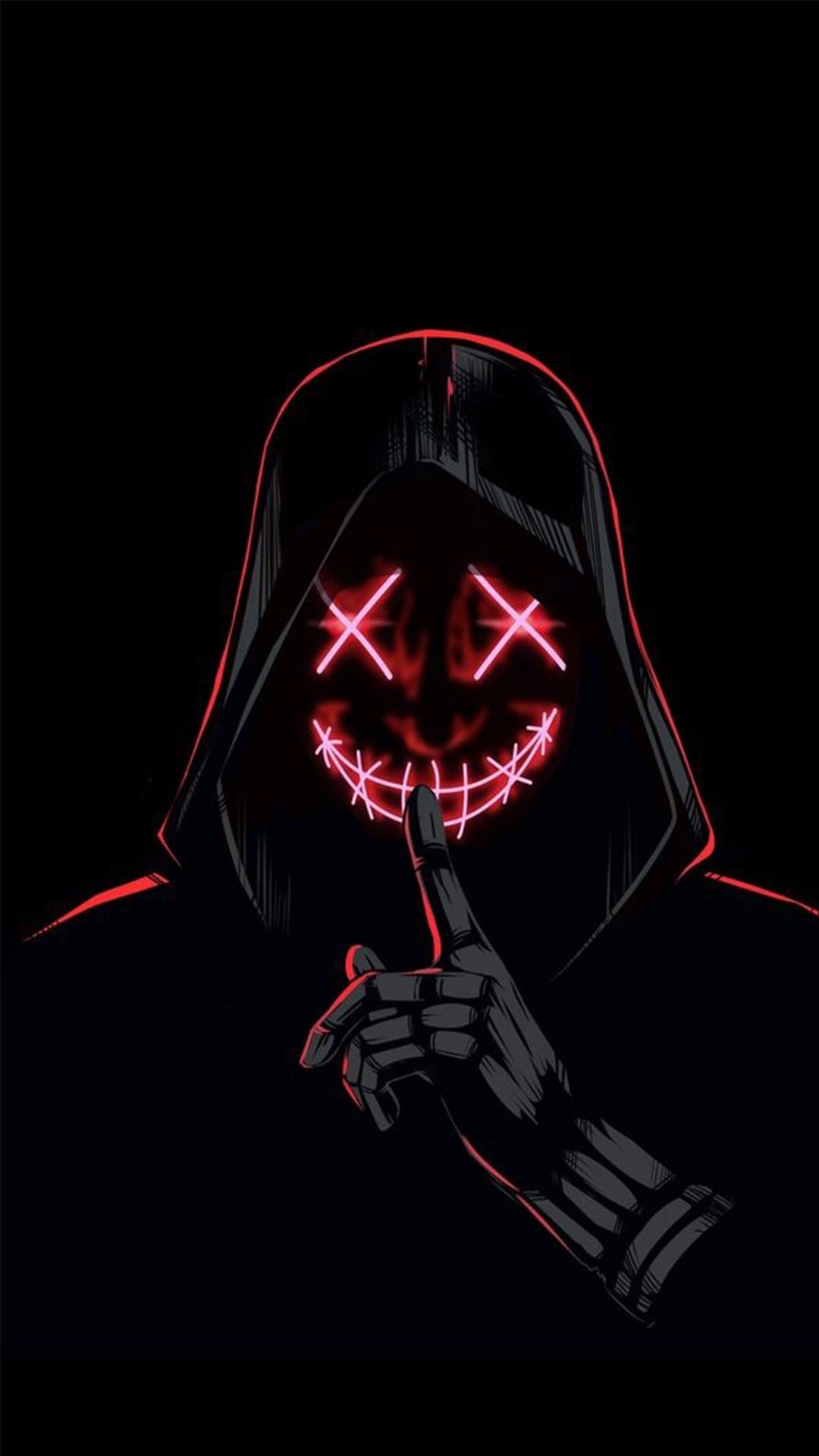 Masked figure with glowing red X eyes and stitched mouth holding a finger to their lips against a black background.