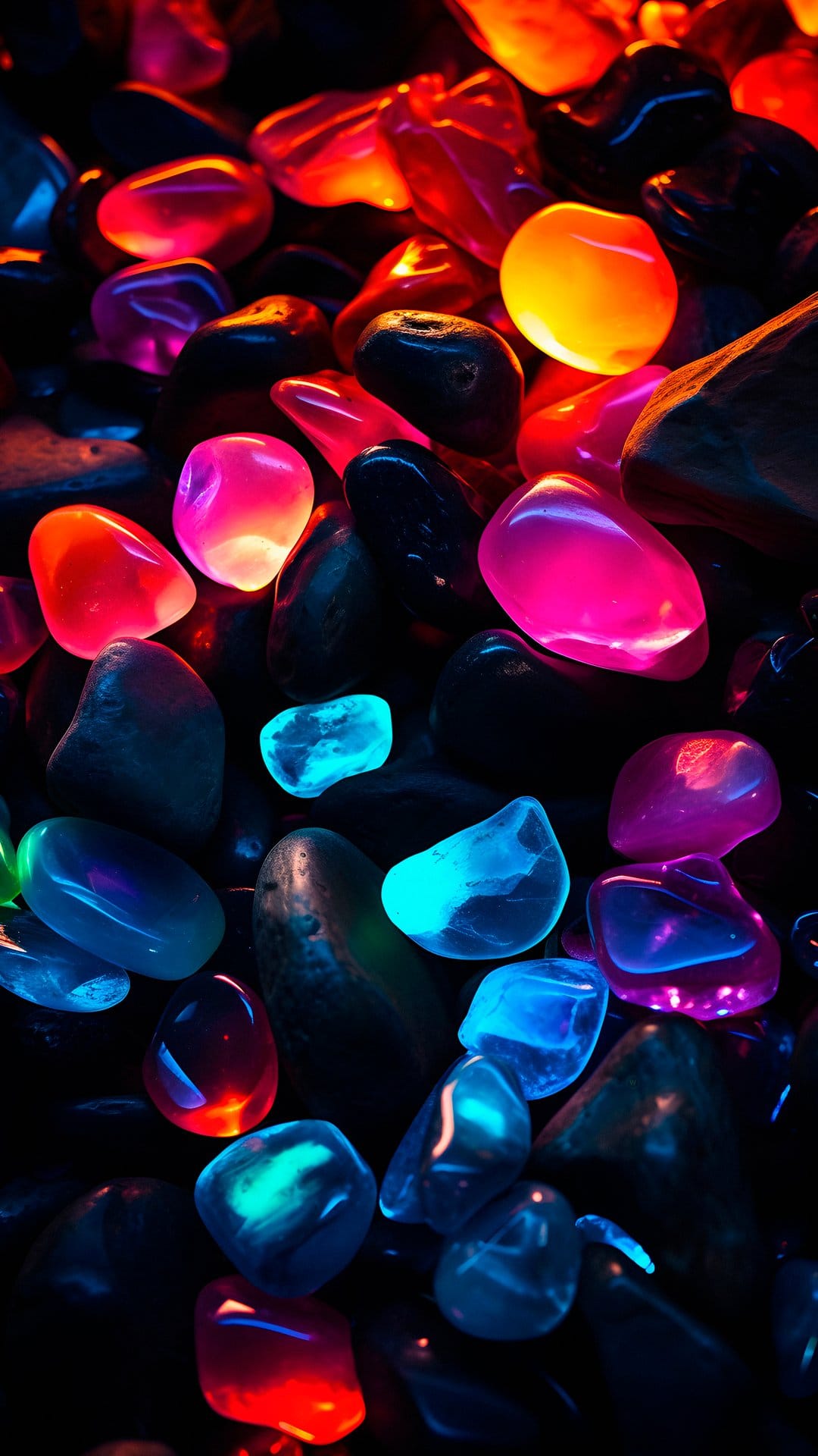 Polished gemstones glowing in neon pink, blue, and orange hues on a dark surface with shallow depth of field.