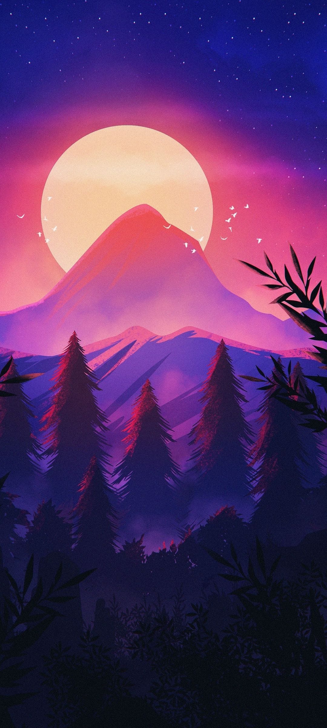 Giant glowing sun setting behind sharp mountain peaks and pine forest silhouettes under a starry purple sky.