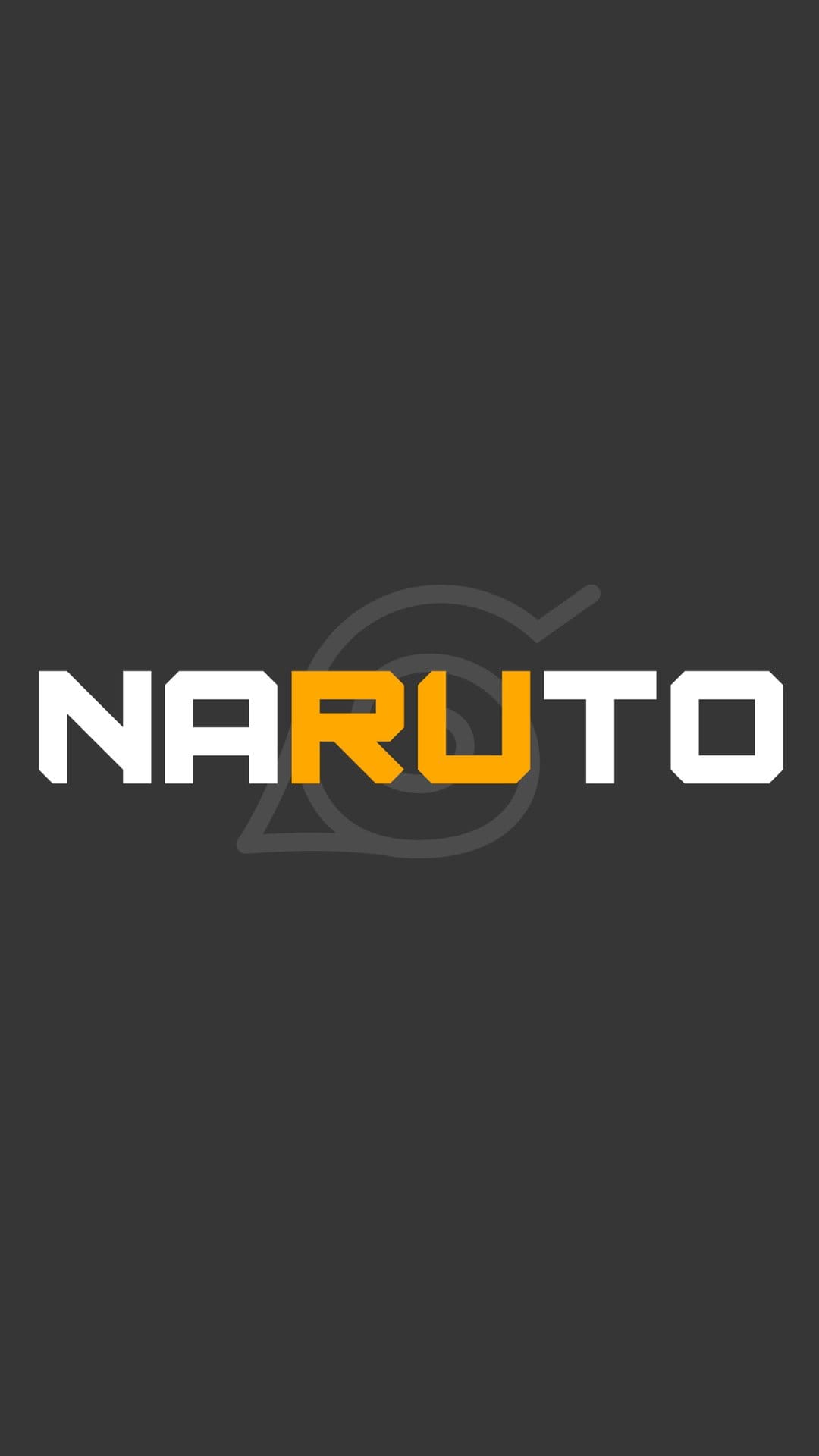 Orange Naruto text centered over a faint gray Hidden Leaf Village symbol against a dark charcoal background.