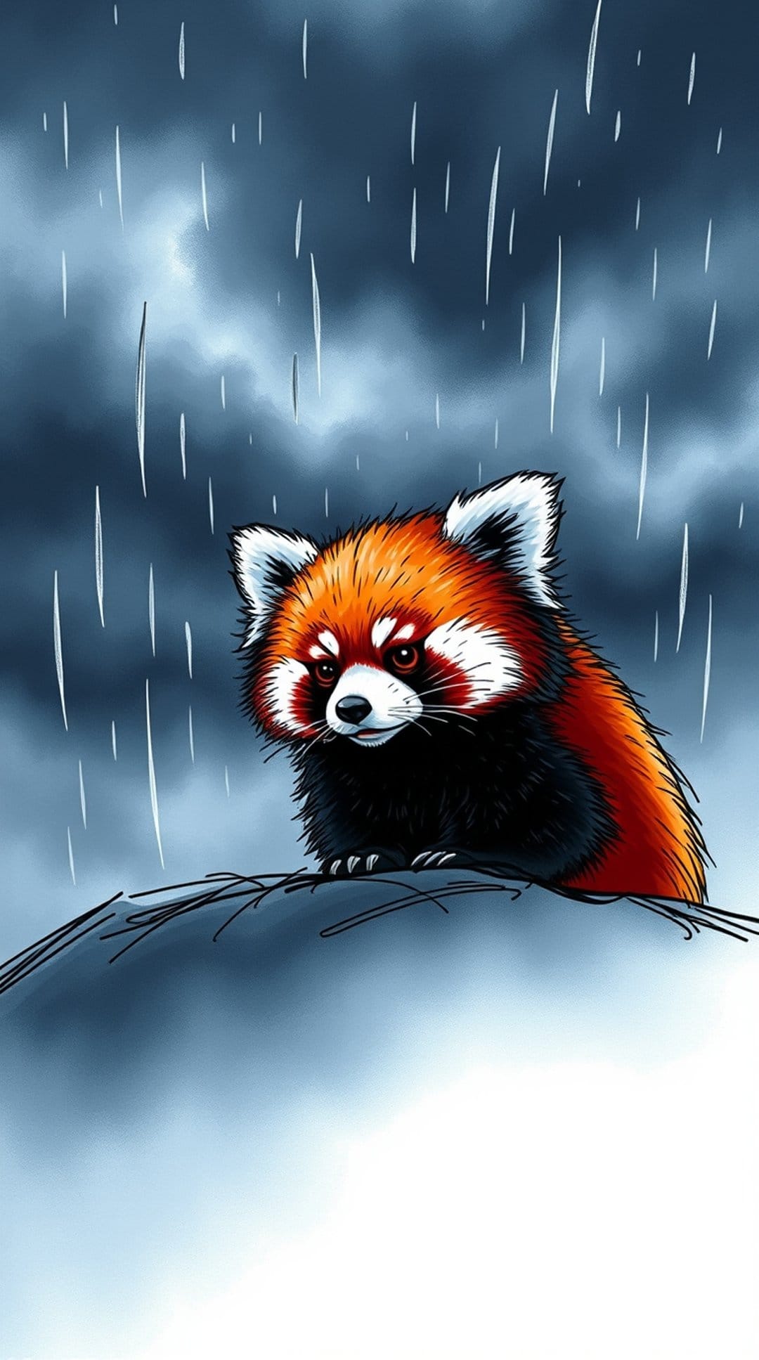 Red panda sitting on a rock during a storm with heavy rain streaks falling from a dark, dramatic sky.