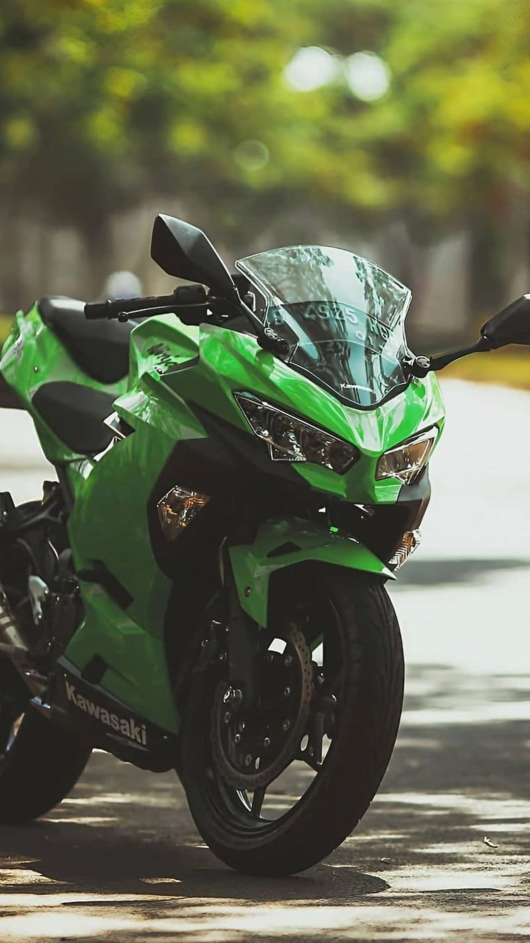 Kawasaki Ninja sportbike with lime green fairings and dual headlights parked on a textured asphalt road surface.