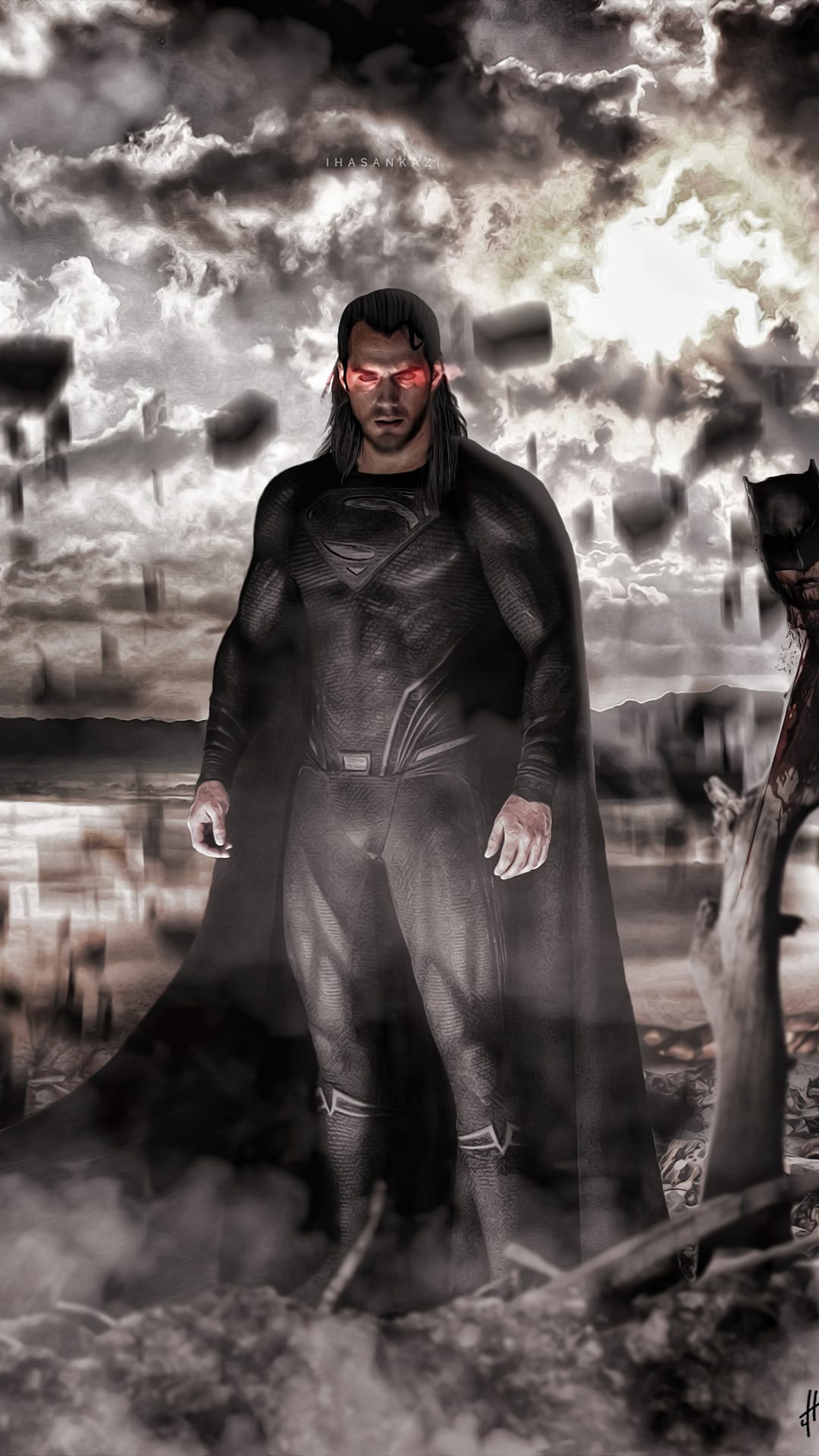 Superman with glowing red eyes wearing a black suit stands amidst an apocalyptic storm with floating debris.