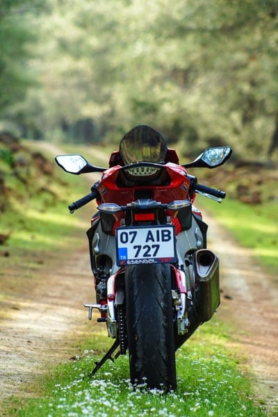 Red sport motorcycle parked on a dirt path with small white flowers against a blurred green forest backdrop.