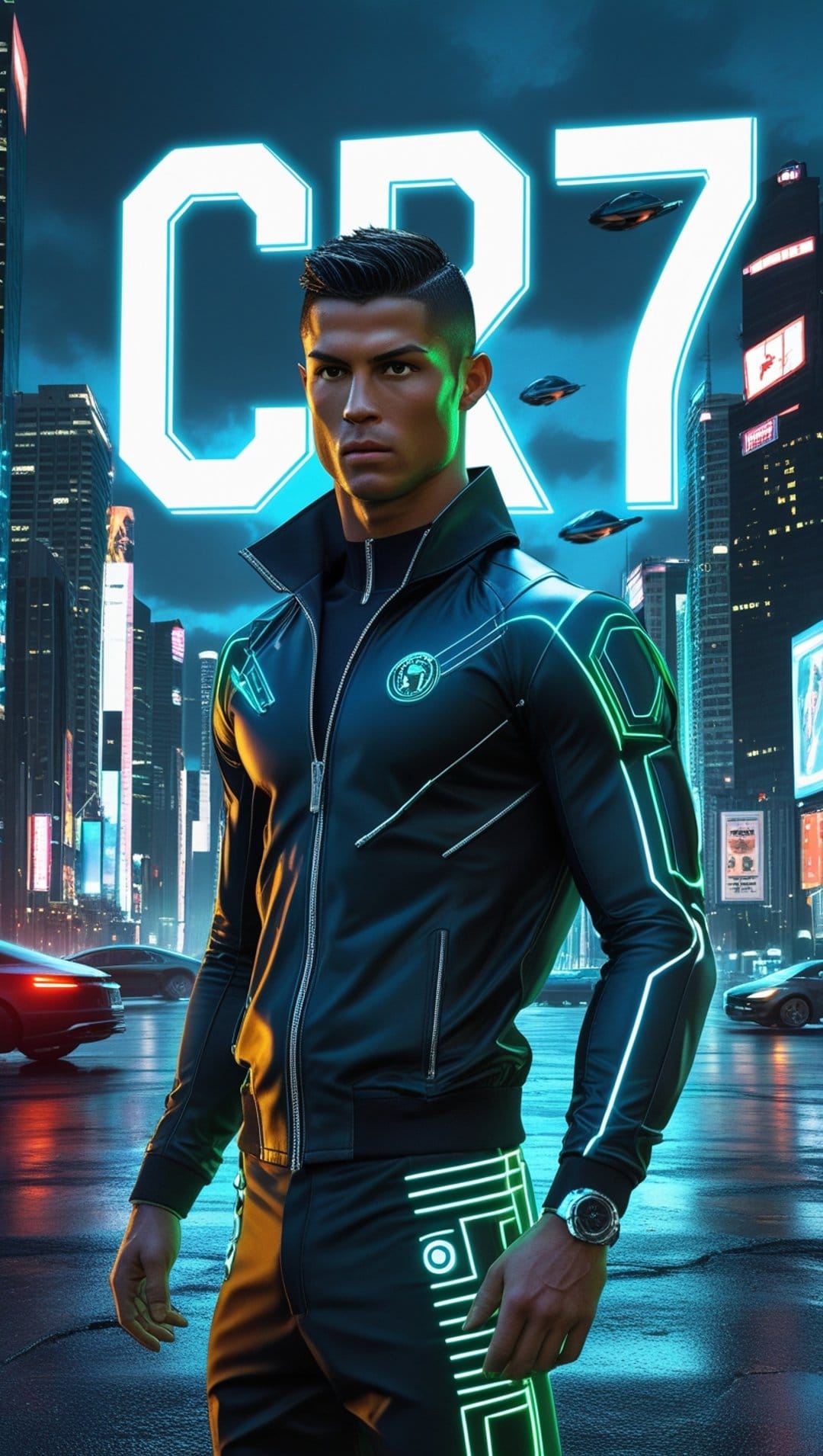 Cristiano Ronaldo in a glowing green tracksuit stands before a CR7 neon sign in a rainy futuristic city at night.