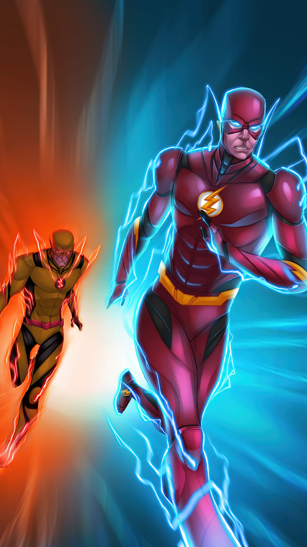 The Flash in red clashes with Reverse-Flash in yellow amidst blue and orange lightning bolts in a high-speed chase.