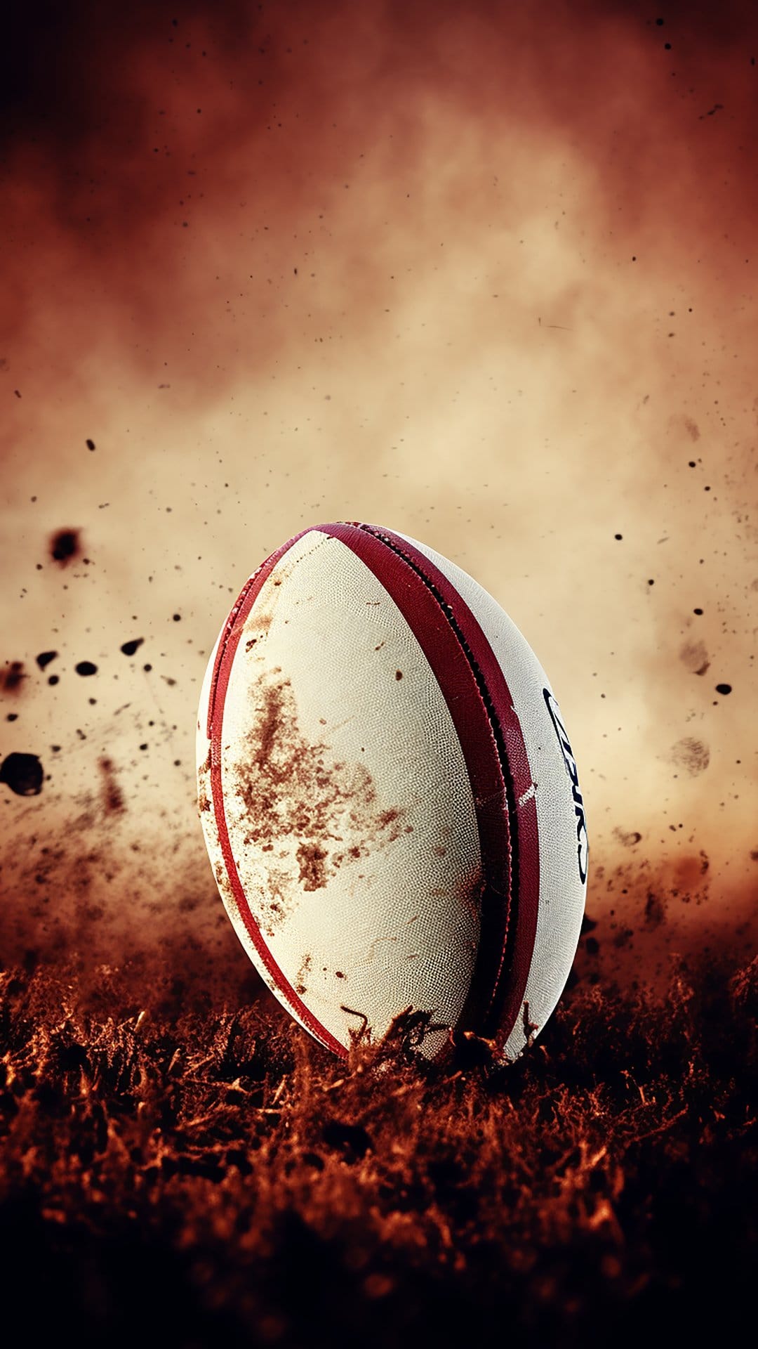 Rugby ball with red stripes covered in mud sits within a dense cloud of grey smoke and flying brown dirt.