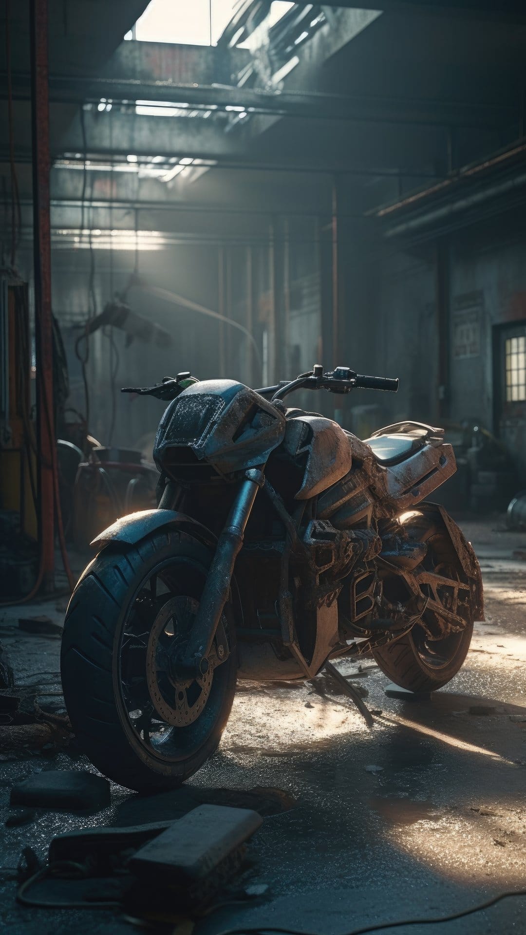 Rusty motorcycle sits in a derelict factory with sunlight beams hitting the weathered metal and dusty floor.