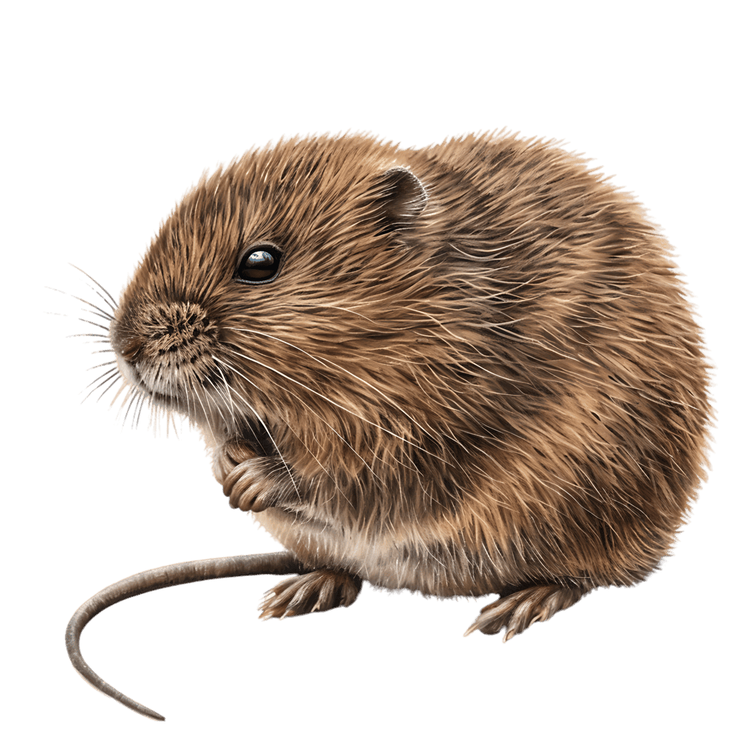 Water vole digital illustration featuring brown fur, long segmented tail, and whiskers on a black background.