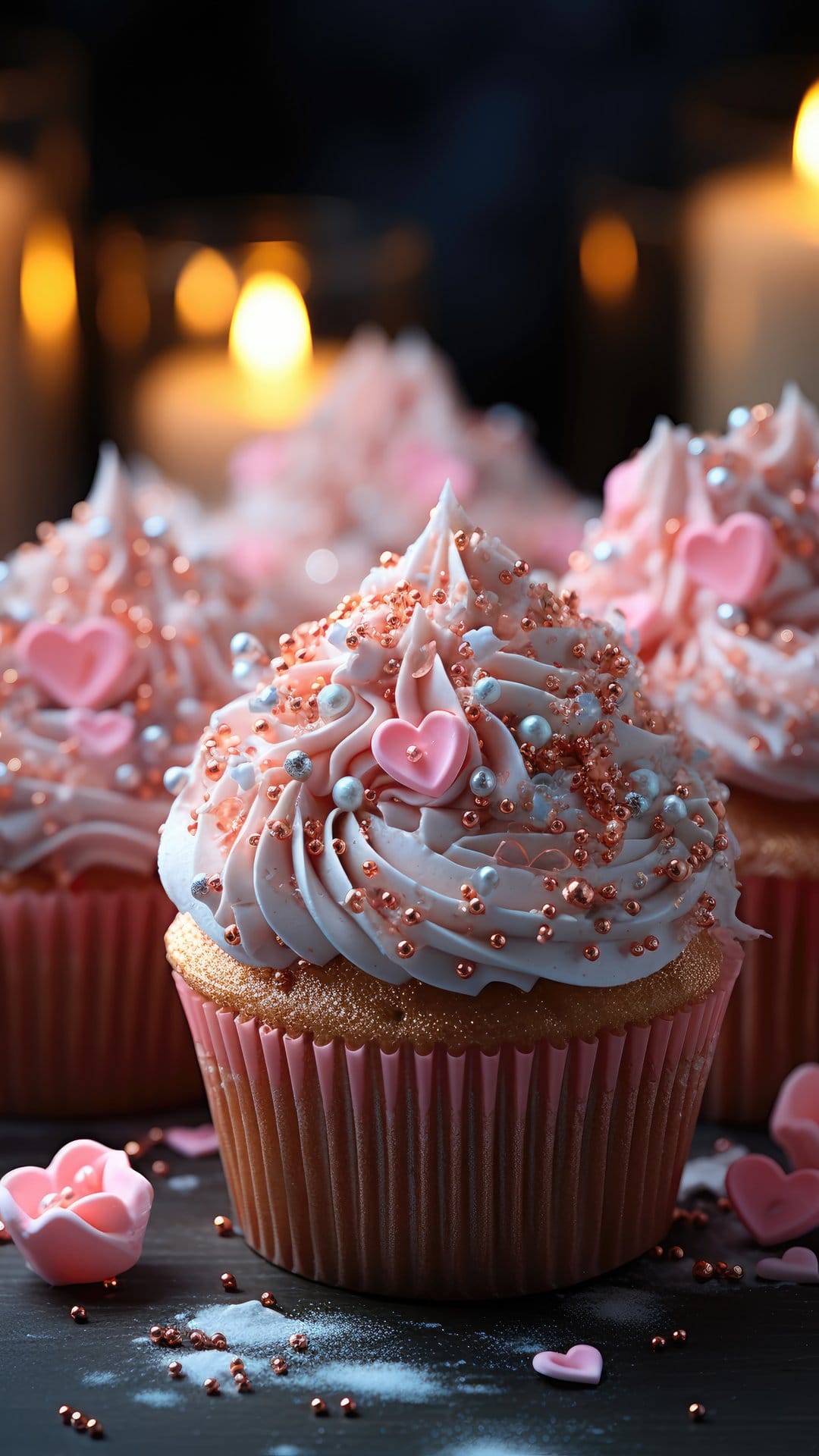 Pink frosted cupcakes with heart-shaped sprinkles and pearls arranged before glowing candles in soft focus.