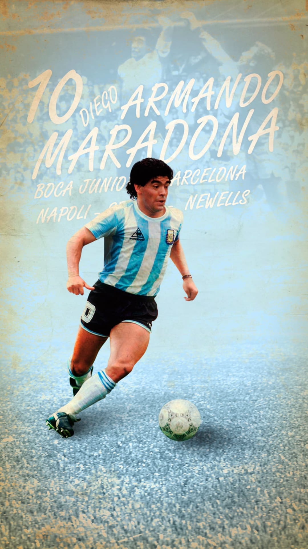 Diego Maradona in a soccer kit mid-action next to the number 10 and club names in a vertical poster layout.