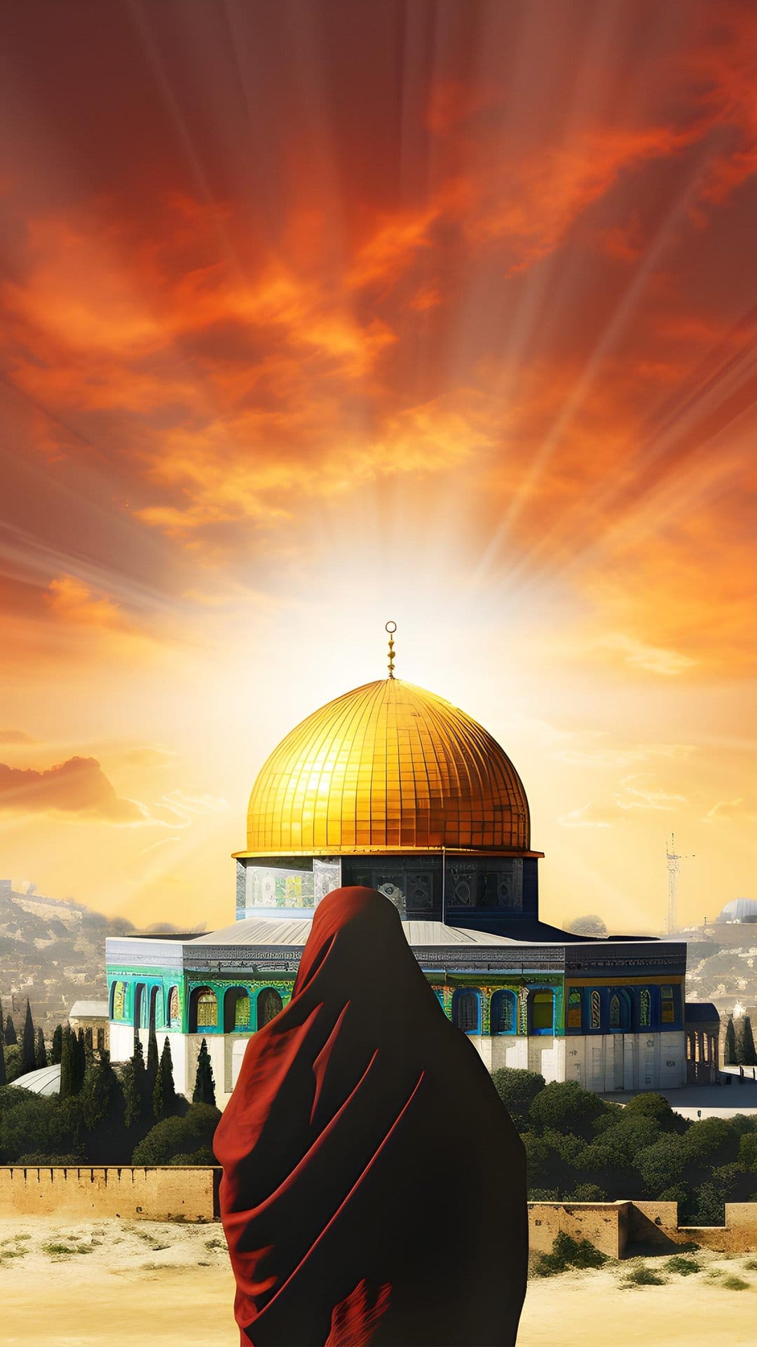 Woman in a red dress looks at the golden Dome of the Rock in Jerusalem under a glowing orange sunset sky.