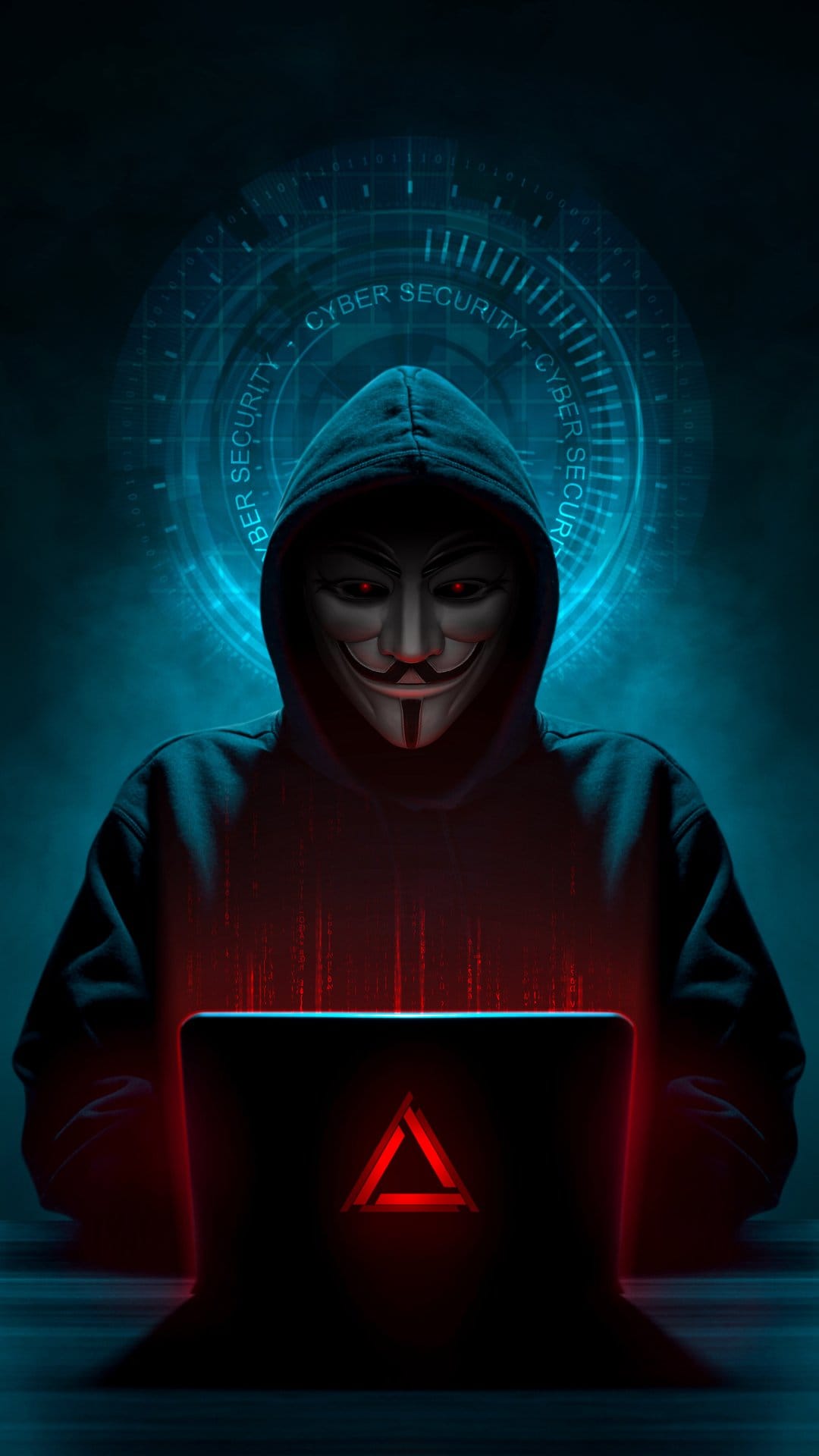 Masked person in a black hoodie uses a glowing laptop surrounded by blue digital code and data interfaces.