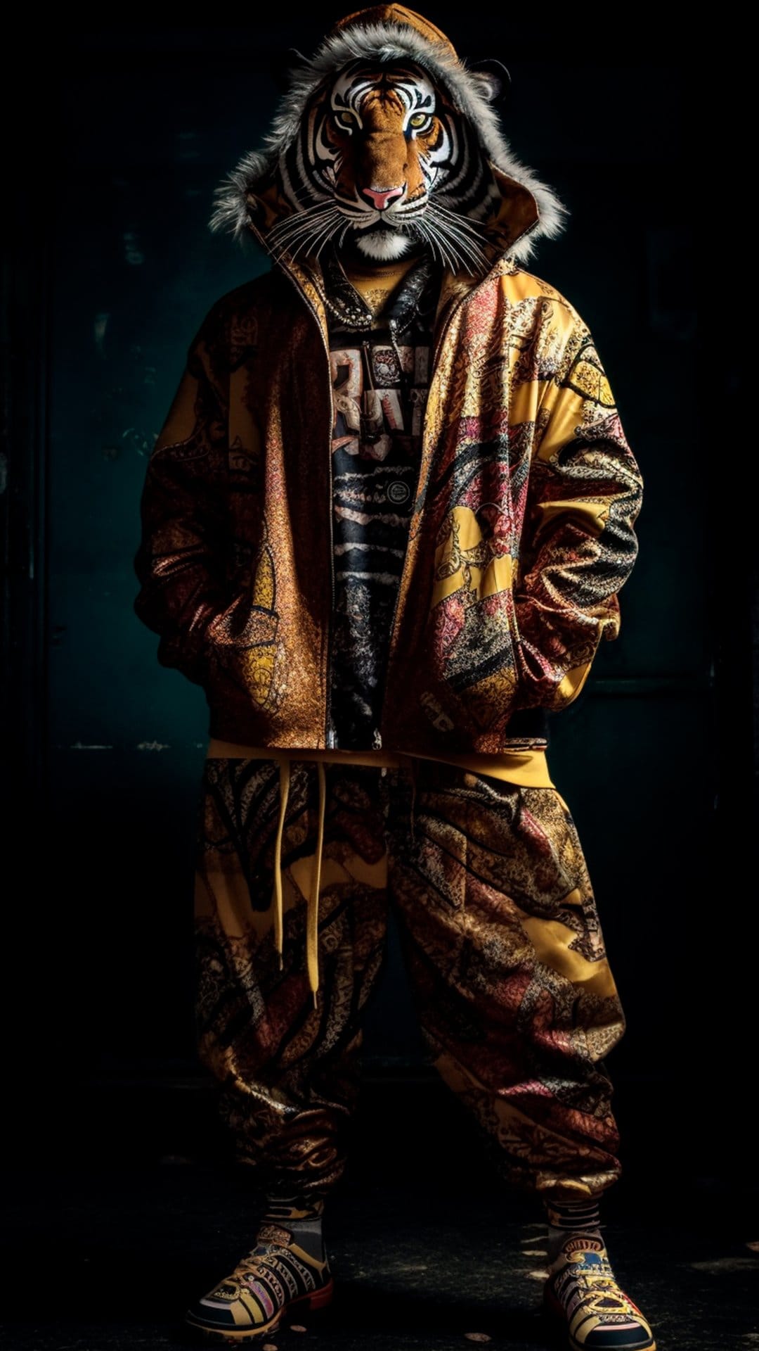 Tiger-headed person wearing a gold and red paisley tracksuit with a hood, standing in front of a dark backdrop.